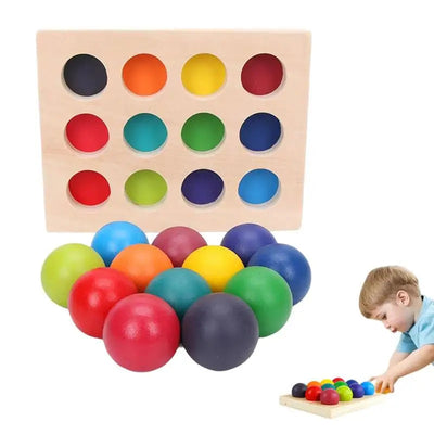 Montessori Rainbow Sorting Ball 12 Color Matching Board Color Recognition Wooden Toy - Korvel