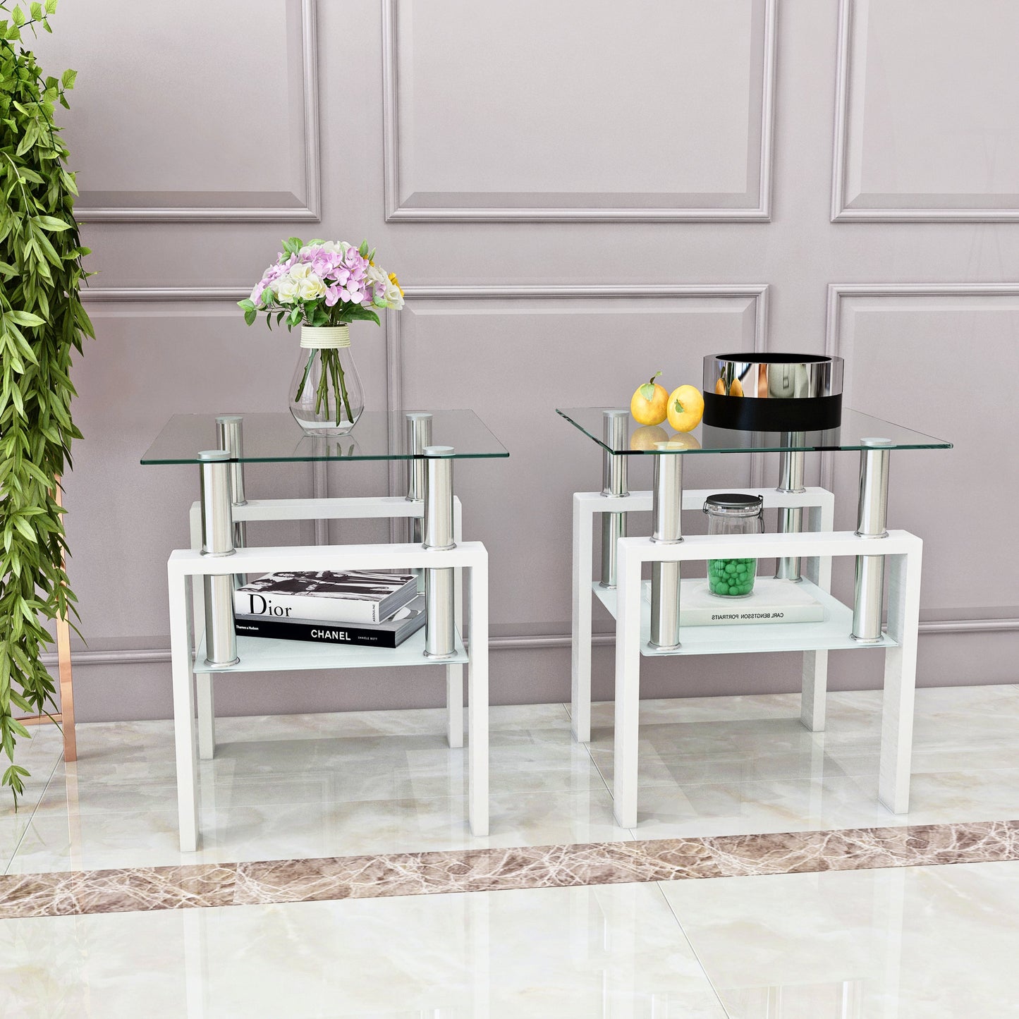 Set of 2 Modern Tempered Glass Coffee Tables