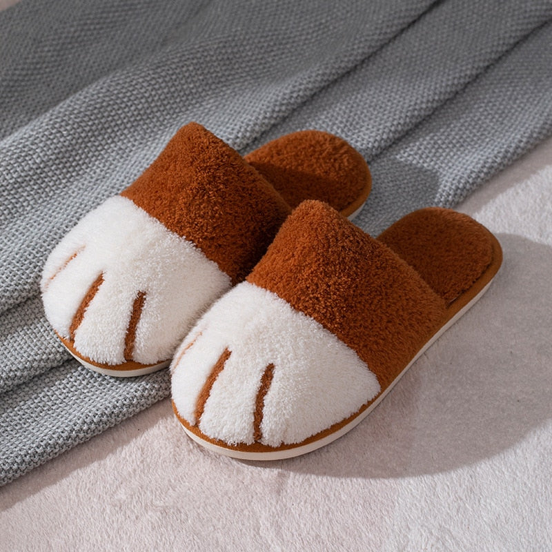 Winter House Warm Fur Slipers For Women Cute Cat paw Designer Bedroom Warm Plush Shoes Non-slip Indoor Women Furry Slippers - Korvel