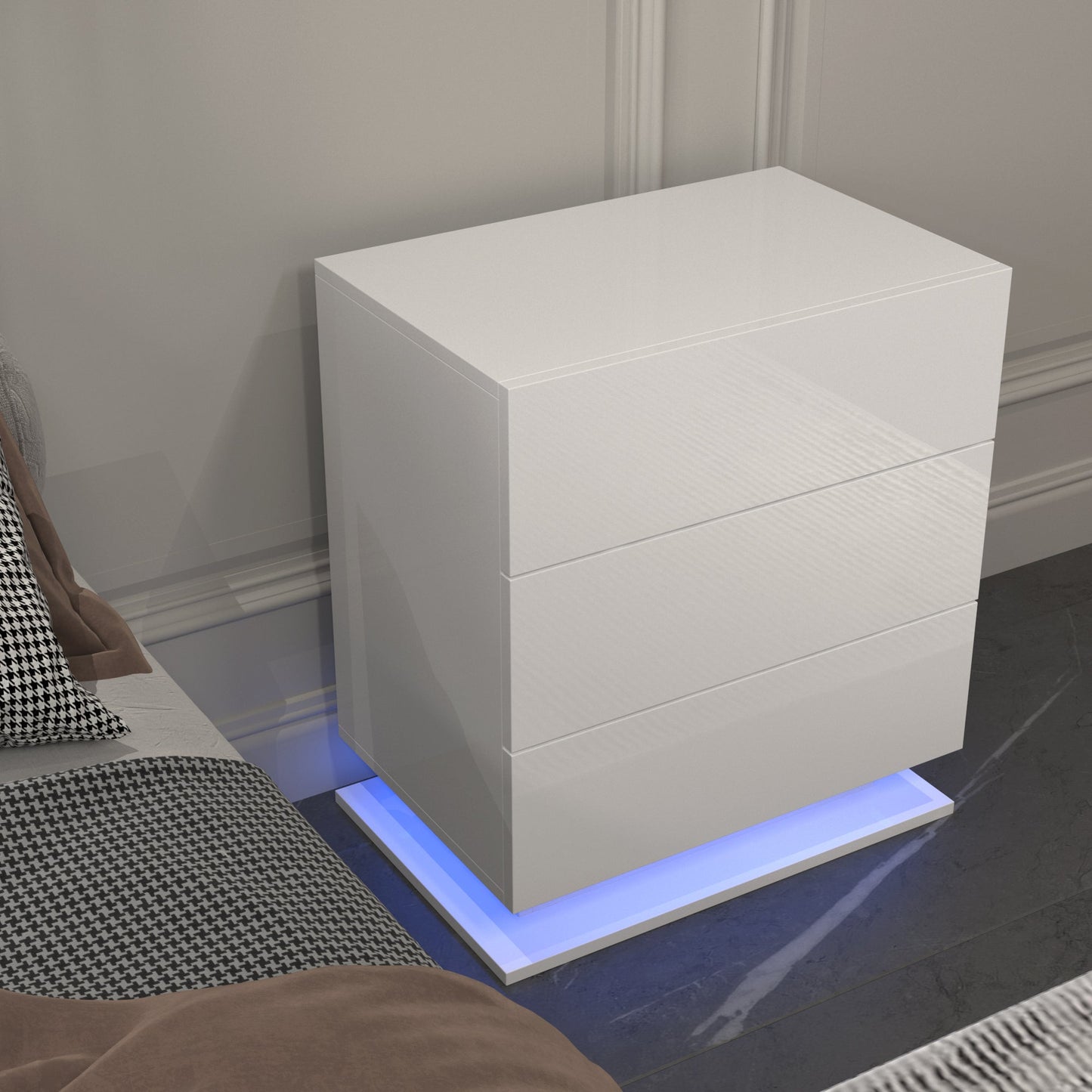 LED Nightstand with 3 drawers,White bedside Table ,Modern End Side Table for Bedroom - Korvel