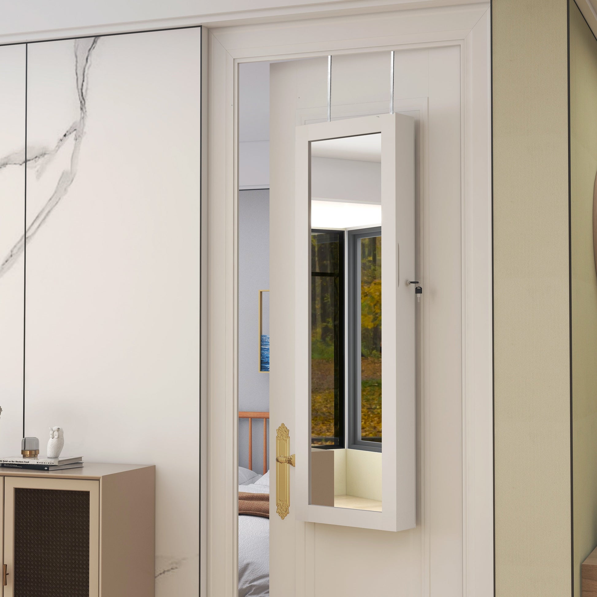 Mirror jewelry cabinet, 47.2-inch large capacity lockable jewelry organizer, wall mounted mirror, with white jewelry storage - Korvel