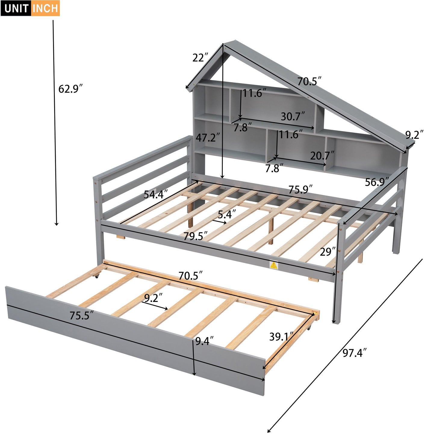 Full Size Platform Bed with Trundle and Shelves Gray - Korvel