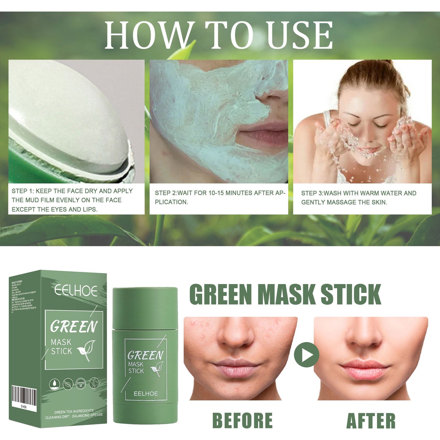 Green Tea Solid Mask, Deep Cleansing Hydrating Mask Stick Pore-Narrowing Paste Mask Stick - Korvel