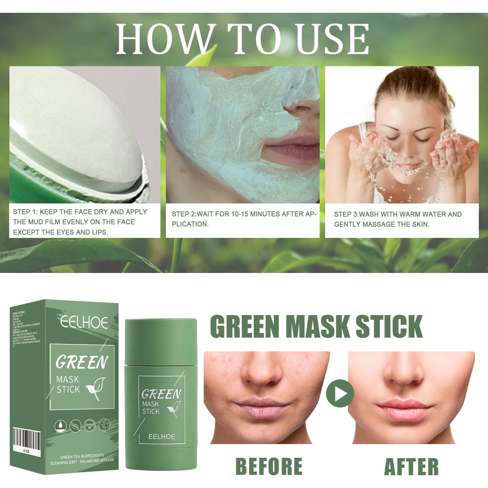 Green Tea Solid Mask, Deep Cleansing Hydrating Mask Stick Pore-Narrowing Paste Mask Stick - Korvel