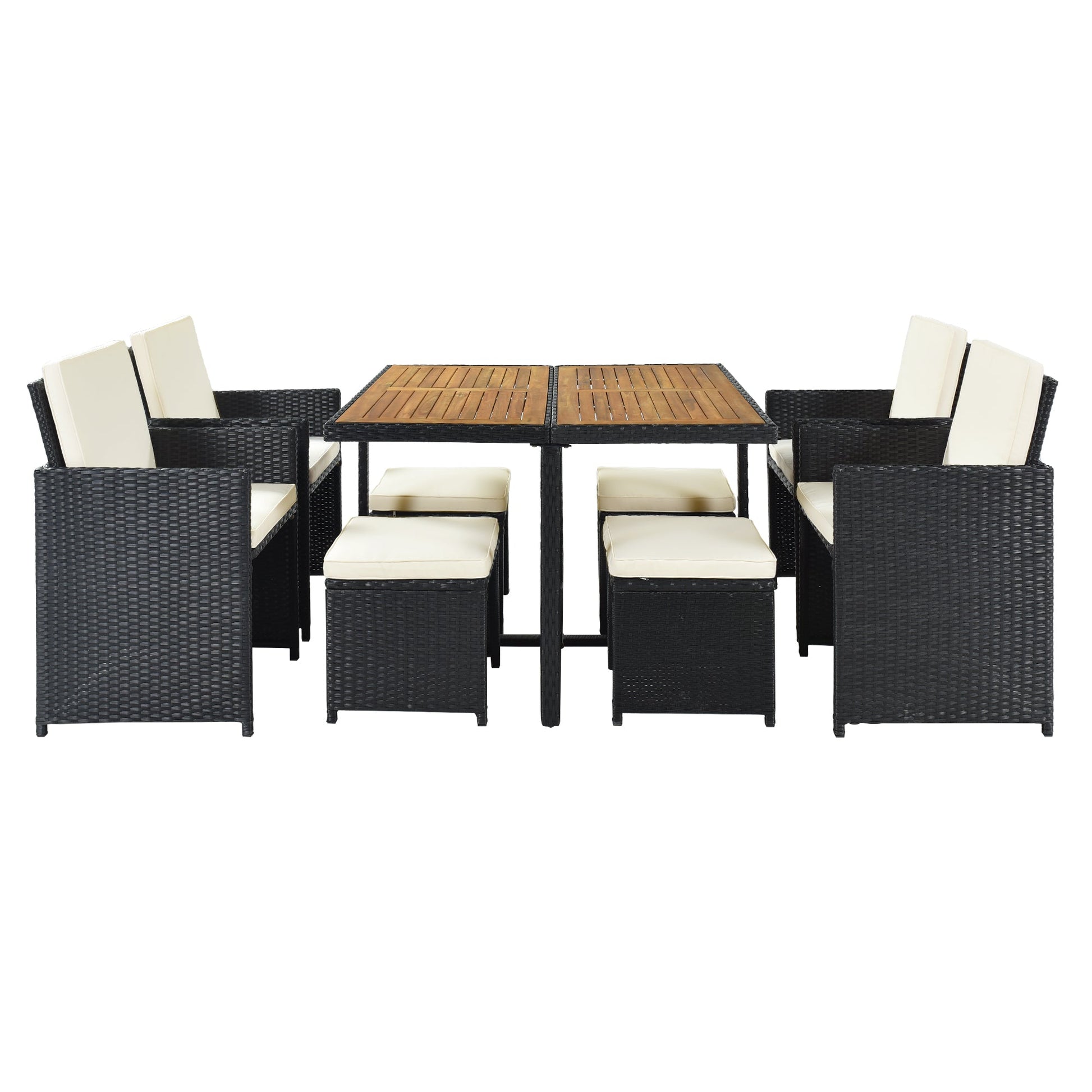 TOPMAX Patio All-Weather PE Wicker Dining Table Set with Wood Tabletop for 8, Black Rattan+Beige Cushion (9-Piece) - Korvel