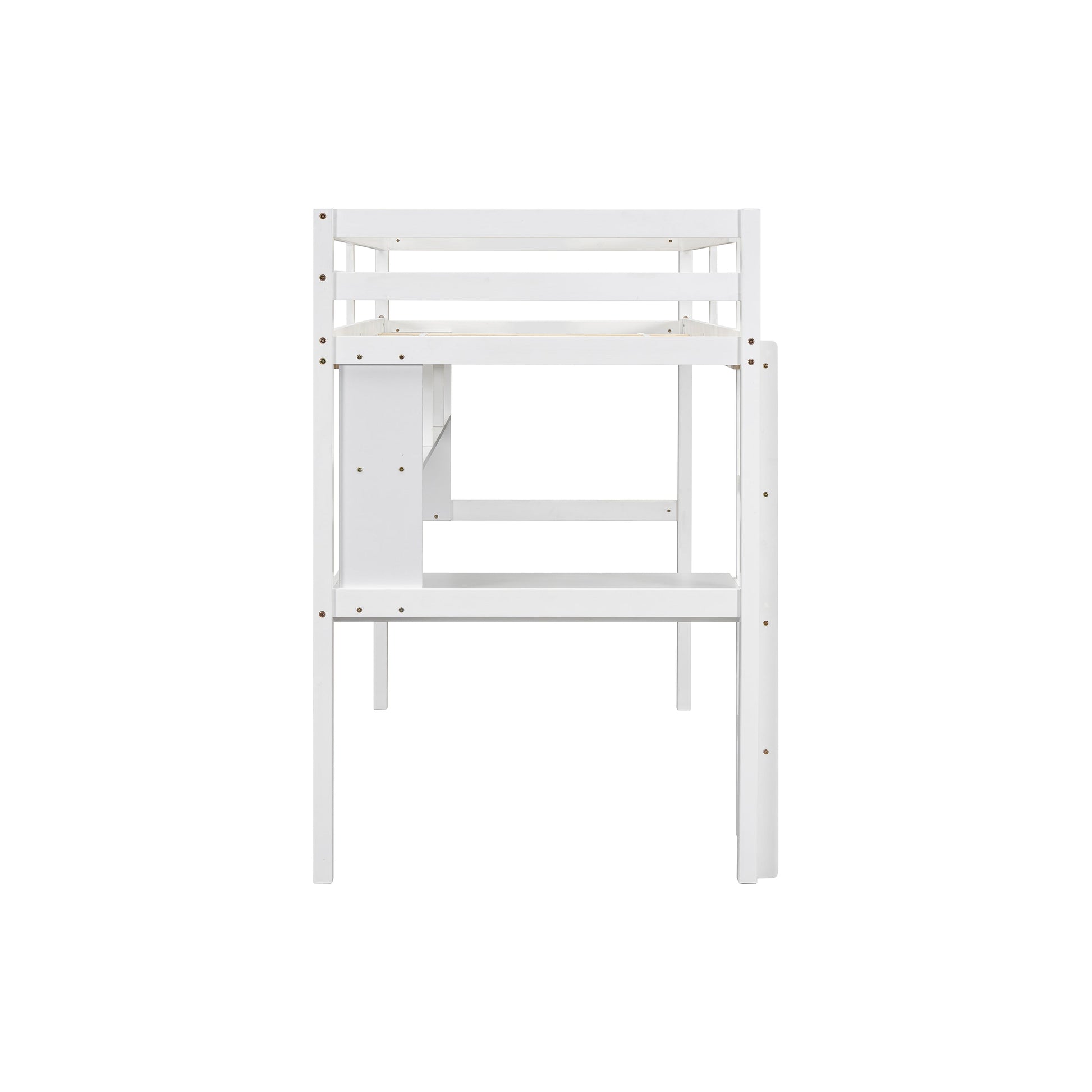 Twin Loft Bed with built-in desk and bookcase of three compartments, Guardrails and Ladder,White - Korvel