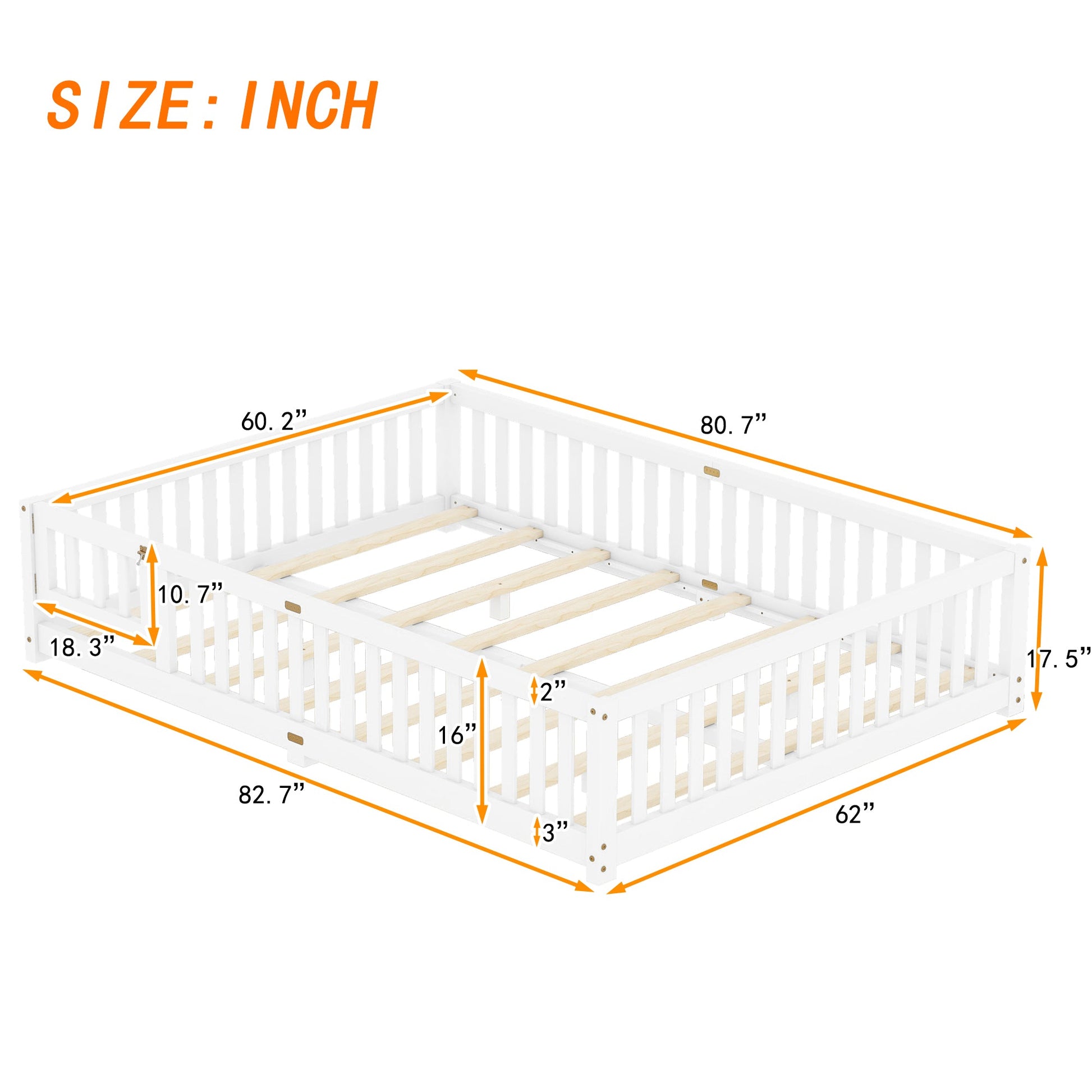 Queen Size Bed Floor Bed with Safety Guardrails and Door for Kids, White - Korvel