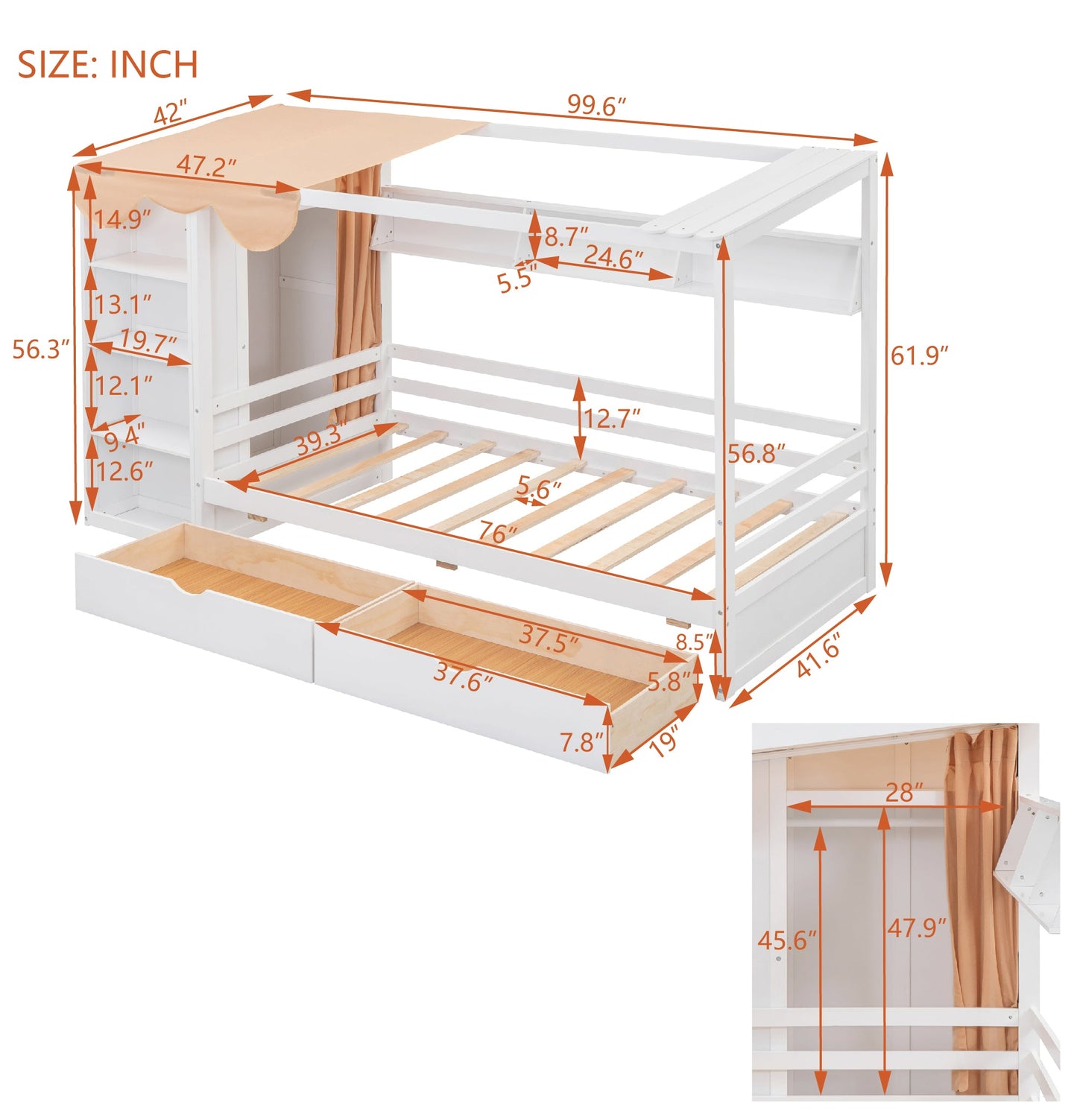 Twin Size House Bed with Two Drawers and Wardrobe - White