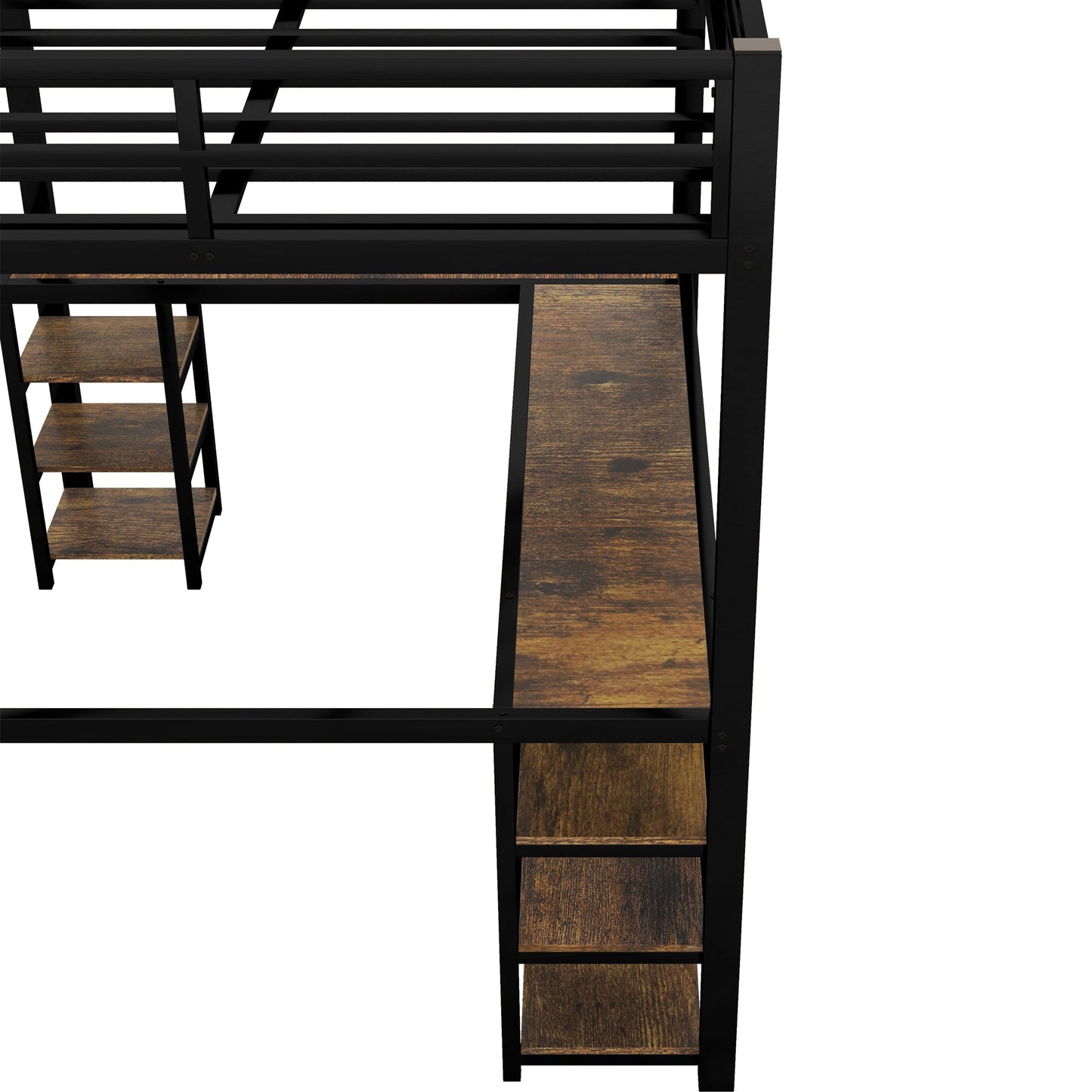 Full metal loft bed with desk and shelf, loft bed with ladder and guardrail, bedroom loft bed frame, black - Korvel