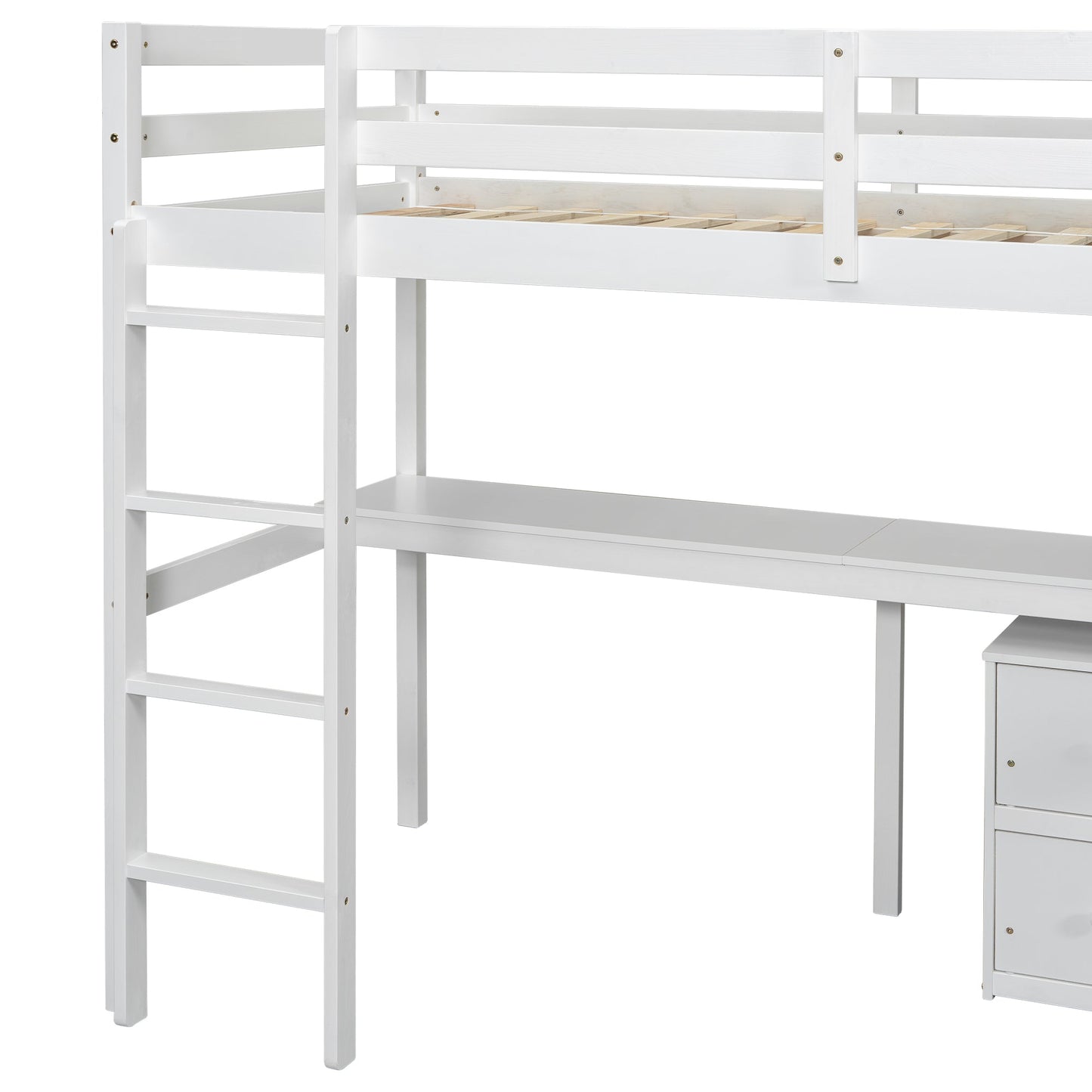 Twin Loft Wood Bed with Under-bed, Built-in Desk, a Storage Cabinet of 2 Drawers, Guardrails, Ladder,White - Korvel