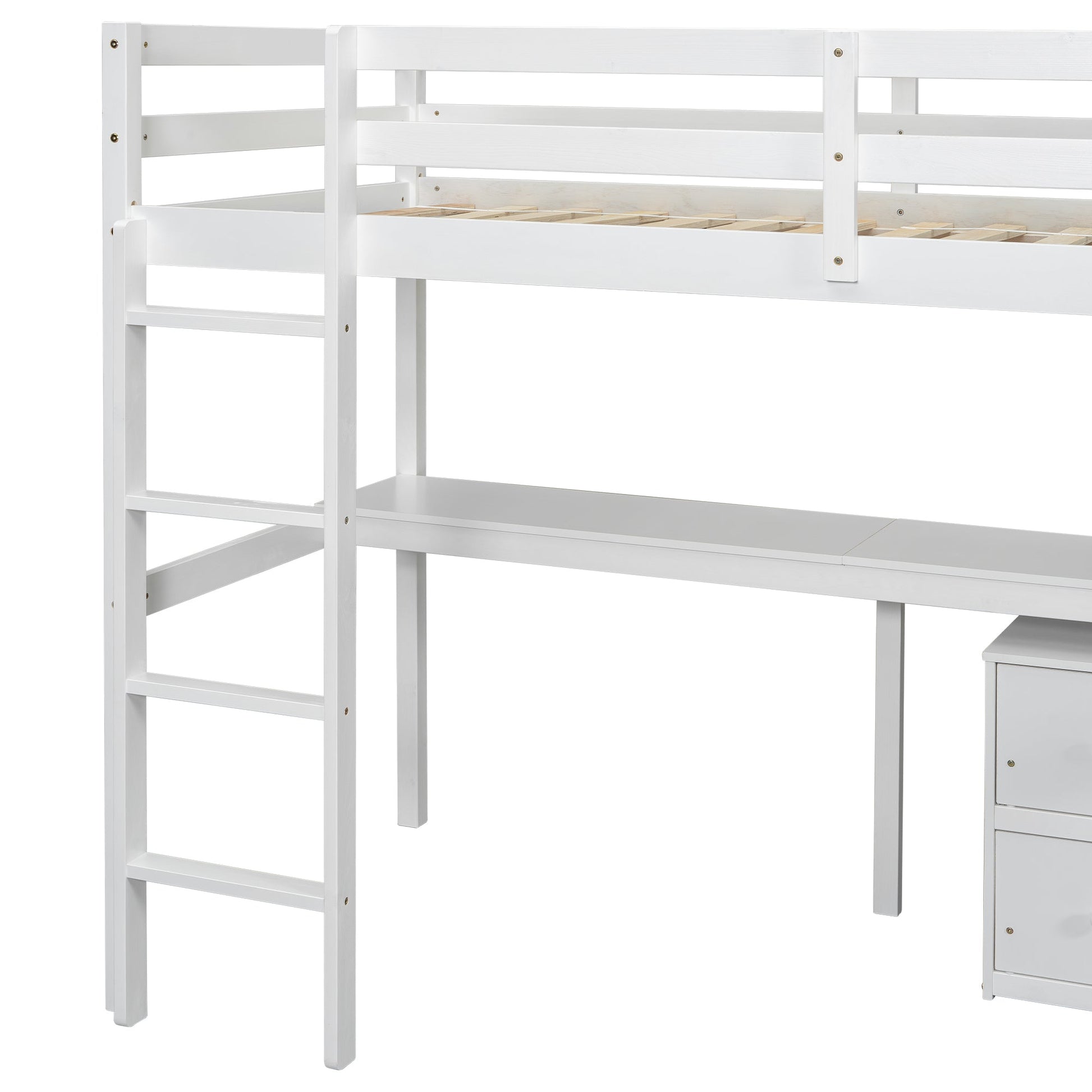 Twin Loft Wood Bed with Under-bed, Built-in Desk, a Storage Cabinet of 2 Drawers, Guardrails, Ladder,White - Korvel