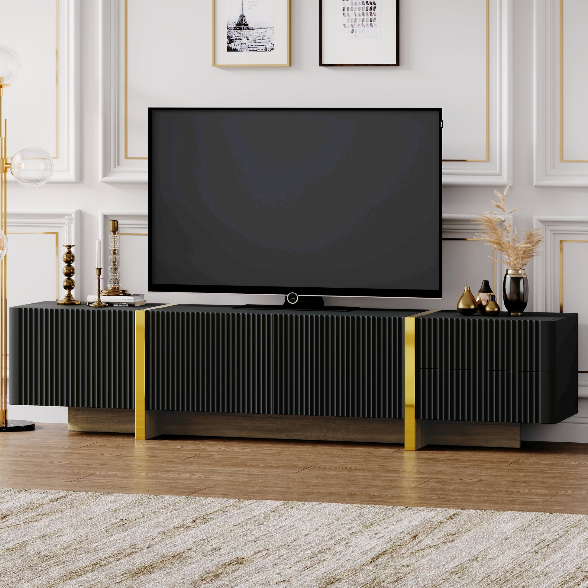 Luxury Fluted TV Stand for TVs Up to 80'', Modern Entertainment Center with Storage Cabinets & Drawers Black - Korvel