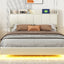Large floating bed frame with storage headboard, touch sensor, night light and USB charger, padded platform bed, beige color - Korvel