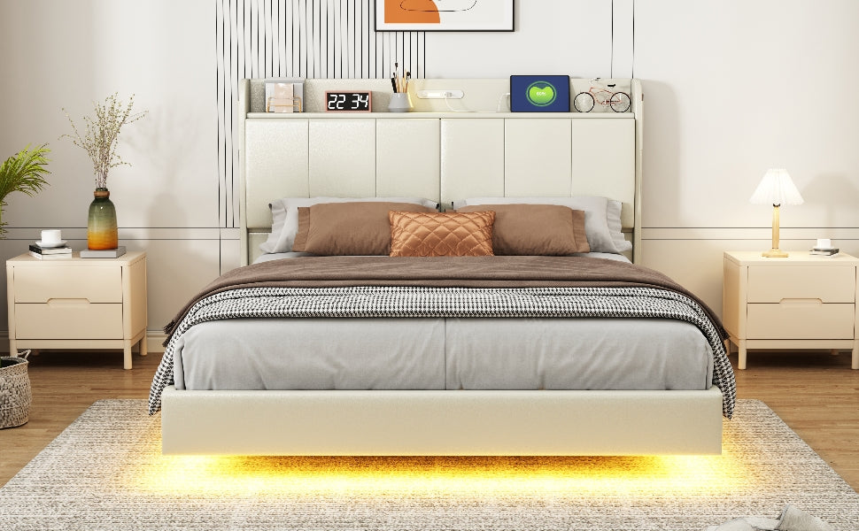Large floating bed frame with storage headboard, touch sensor, night light and USB charger, padded platform bed, beige color - Korvel