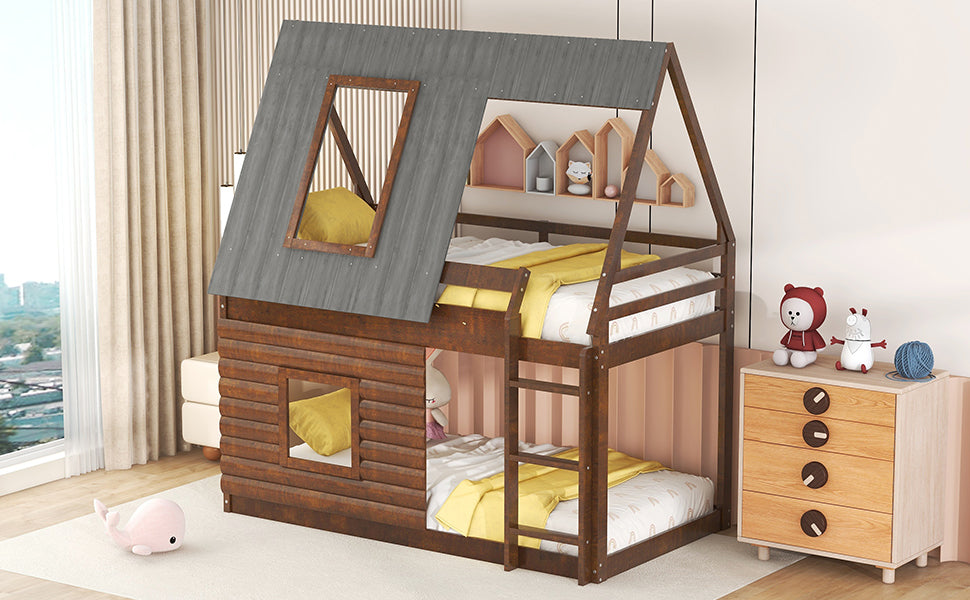 Wood Twin Size House Bunk Bed with Roof, Ladder and 2 Windows, Oak & Smoky Grey - Korvel