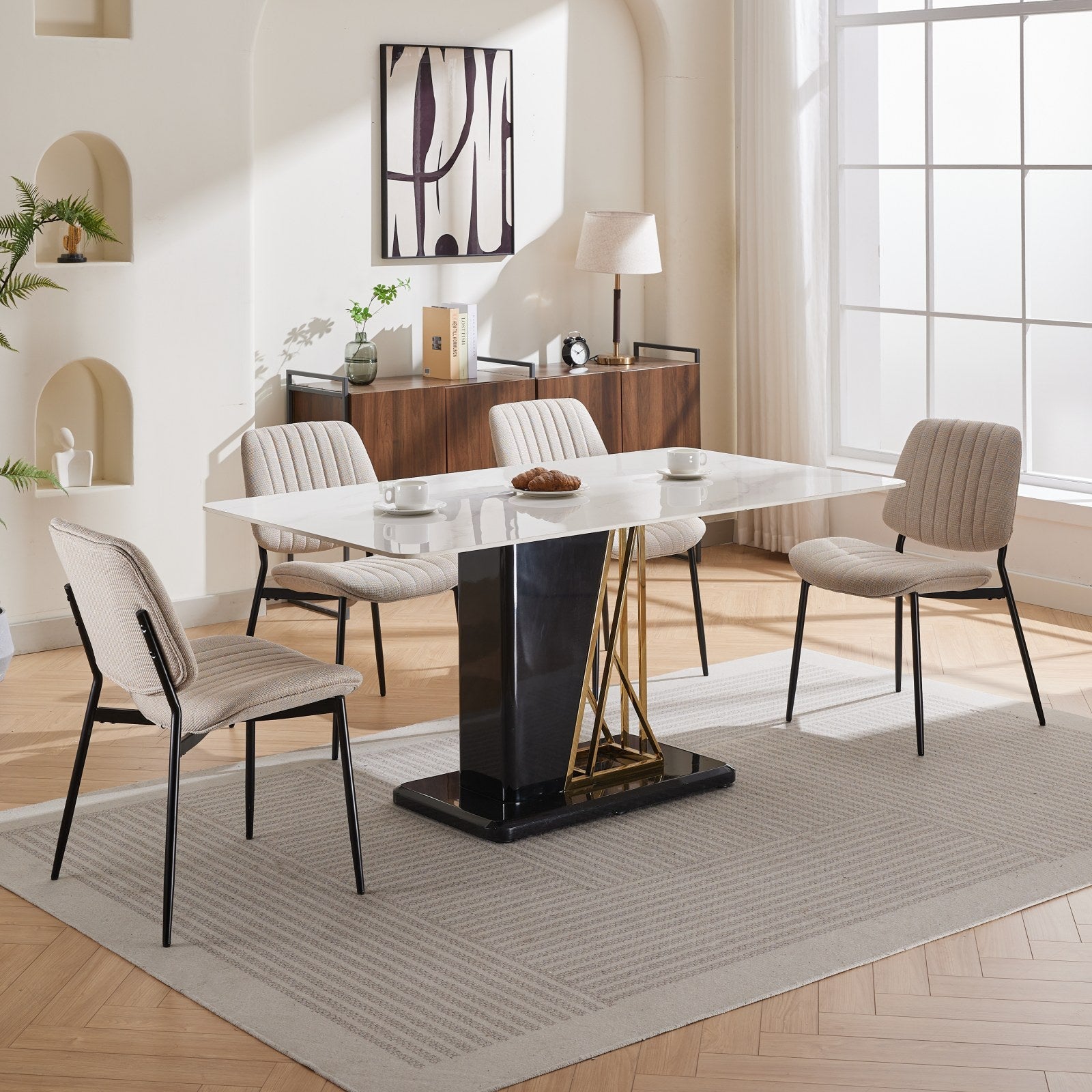 2-piece retro linen chair set with curved wooden backrest, cushioned seat, adjustable metal legs, (Beige Linen) - Korvel