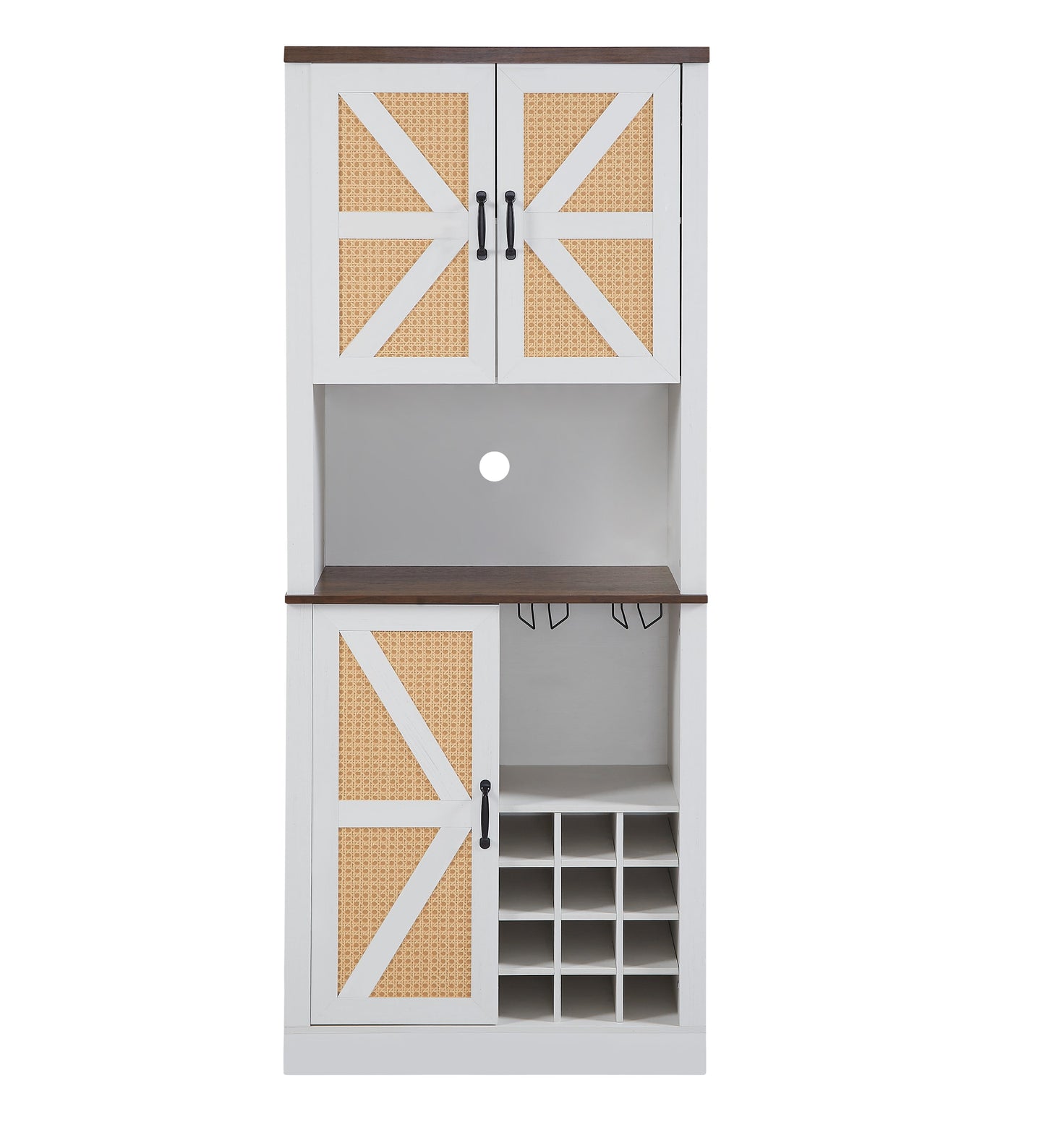76 Inch Tall Farmhouse Kitchen Faux Rattan Wine Cabinet, Kitchen Bar Cabinet with Square Compartments and Shelves - Korvel