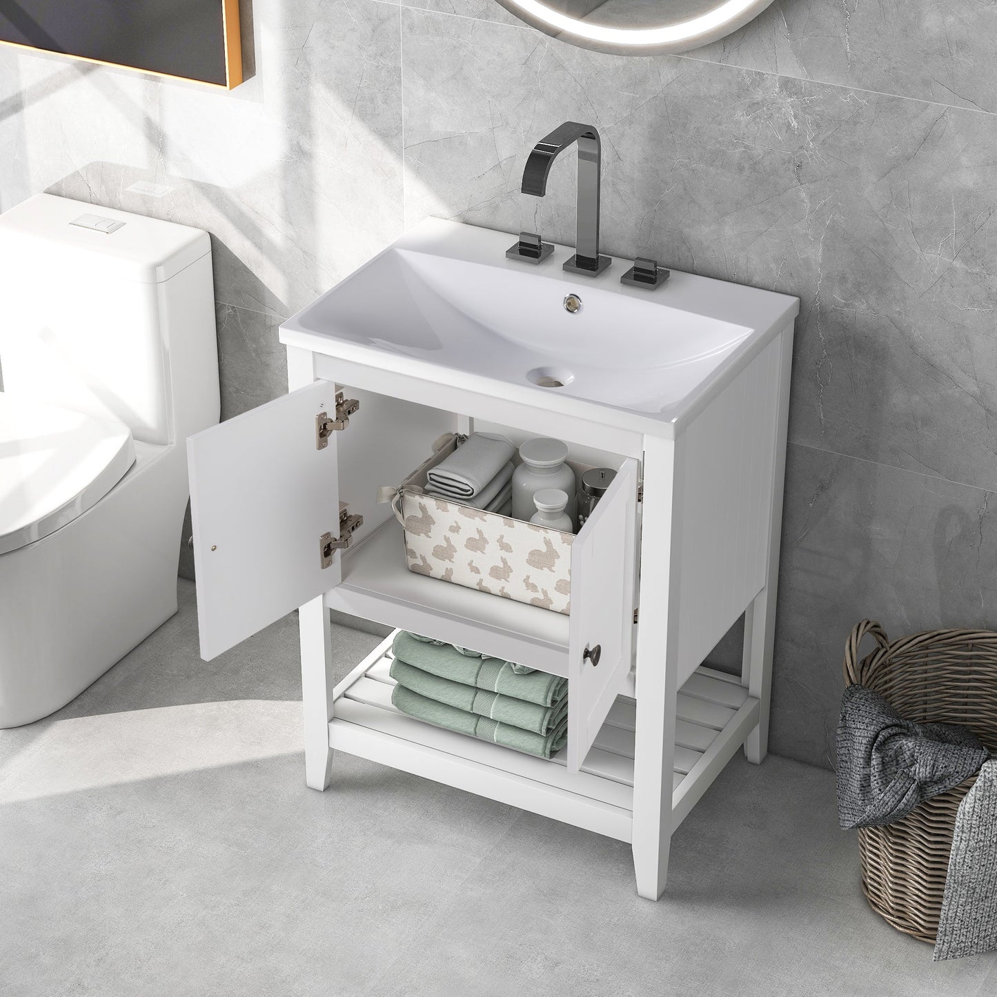 24" White Modern Sleek Bathroom Vanity Elegant Ceramic Sink with Solid Wood Frame Open Style Shelf - Korvel