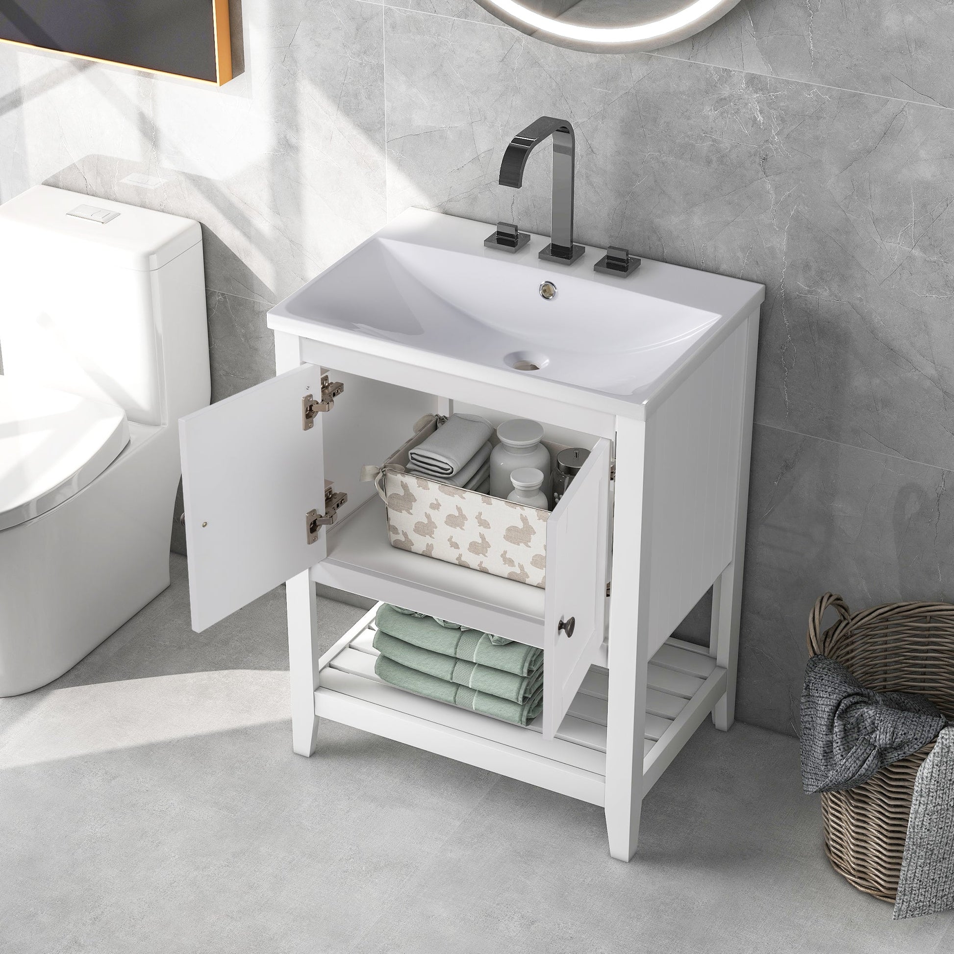 24" White Modern Sleek Bathroom Vanity Elegant Ceramic Sink with Solid Wood Frame Open Style Shelf - Korvel