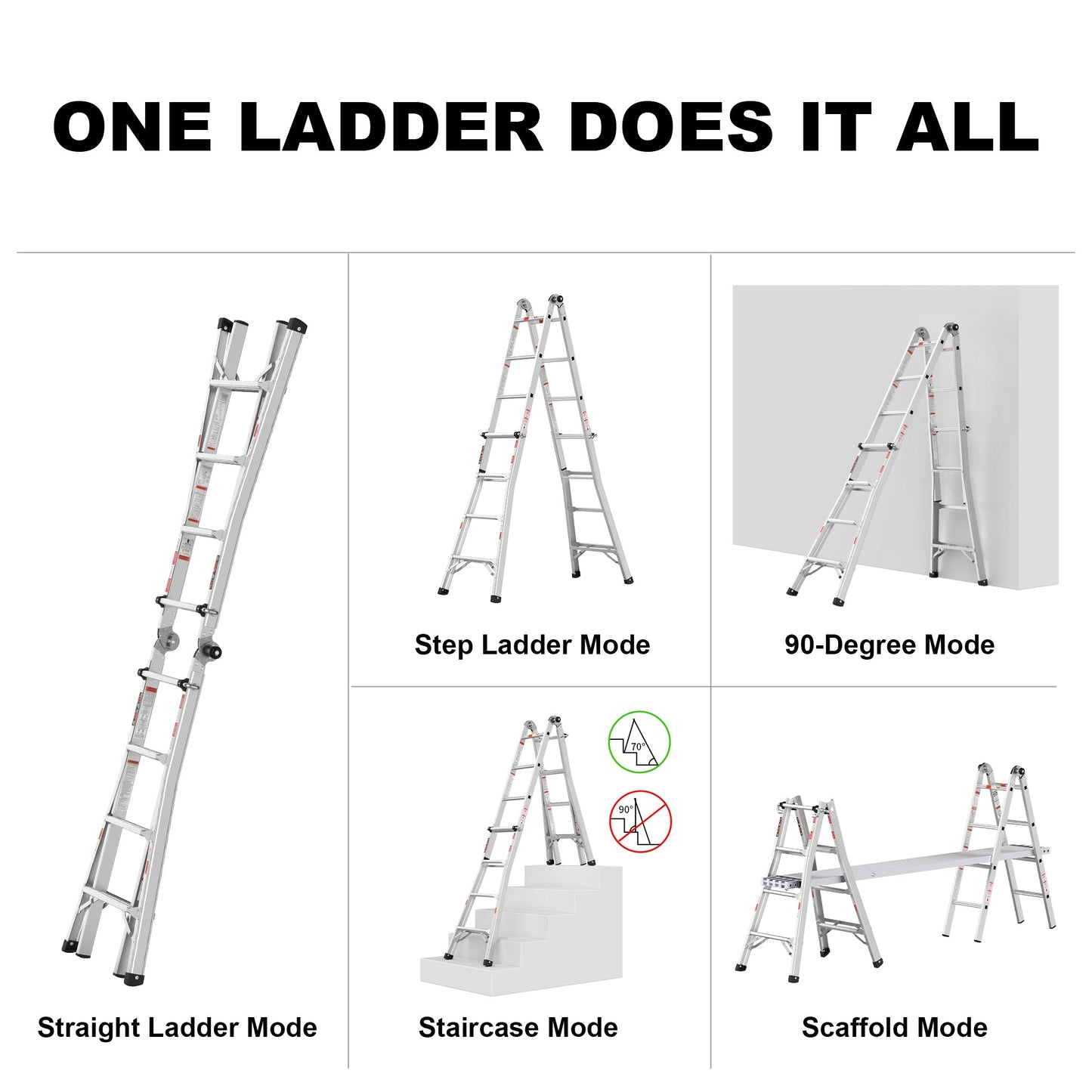 17ft Multi-Position Foldable Aluminum Ladder, A-Frame and Straight Ladder, ANSI 250lbs - Korvel