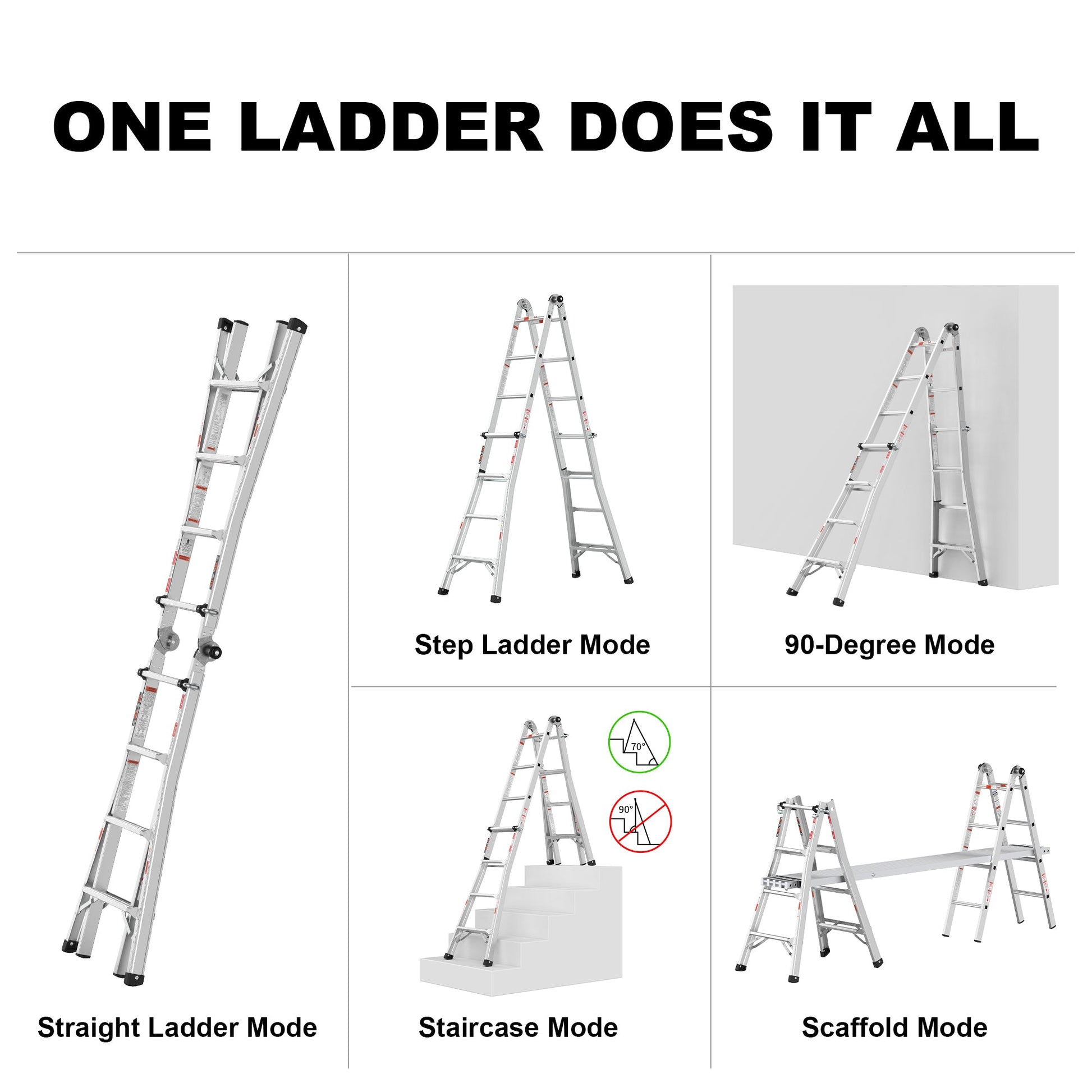 17ft Multi-Position Foldable Aluminum Ladder, A-Frame and Straight Ladder, ANSI 250lbs - Korvel