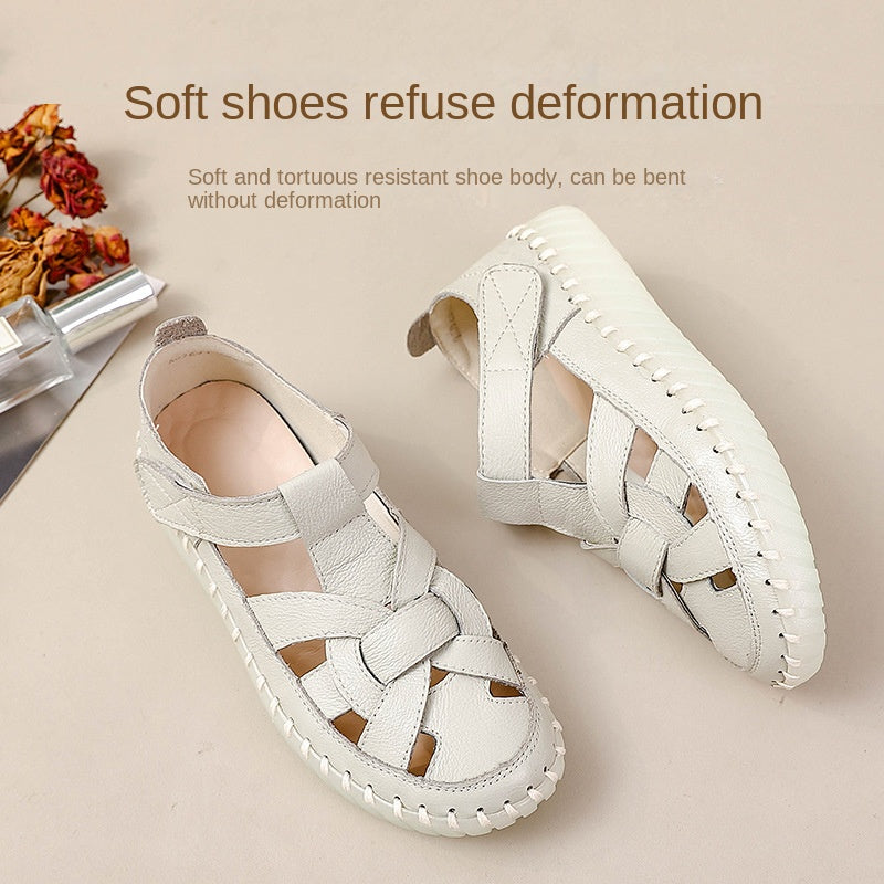 Leather perforated shoes with hollowed out toe caps for women soft soled non slip flat sandals for women - Korvel