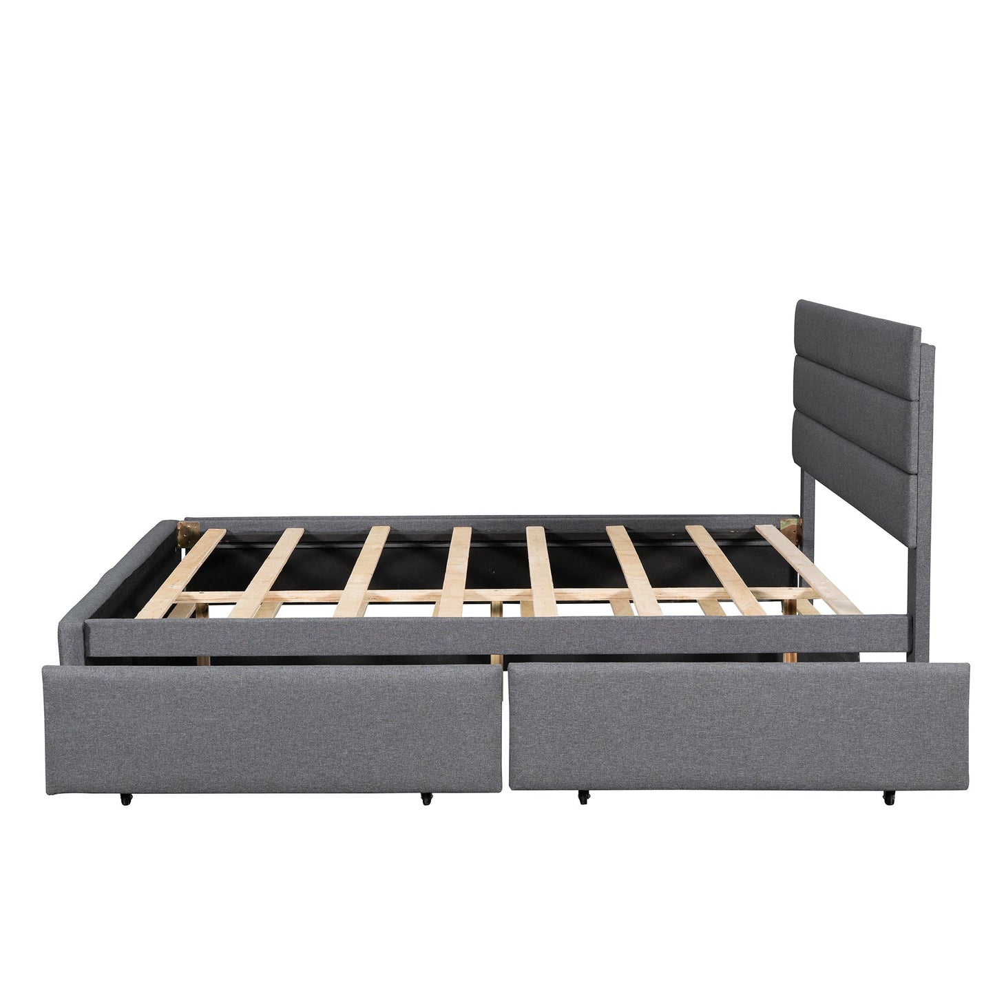 Queen Upholstered Platform Bed with Twin Size Trundle and Two Drawers Grey - Korvel