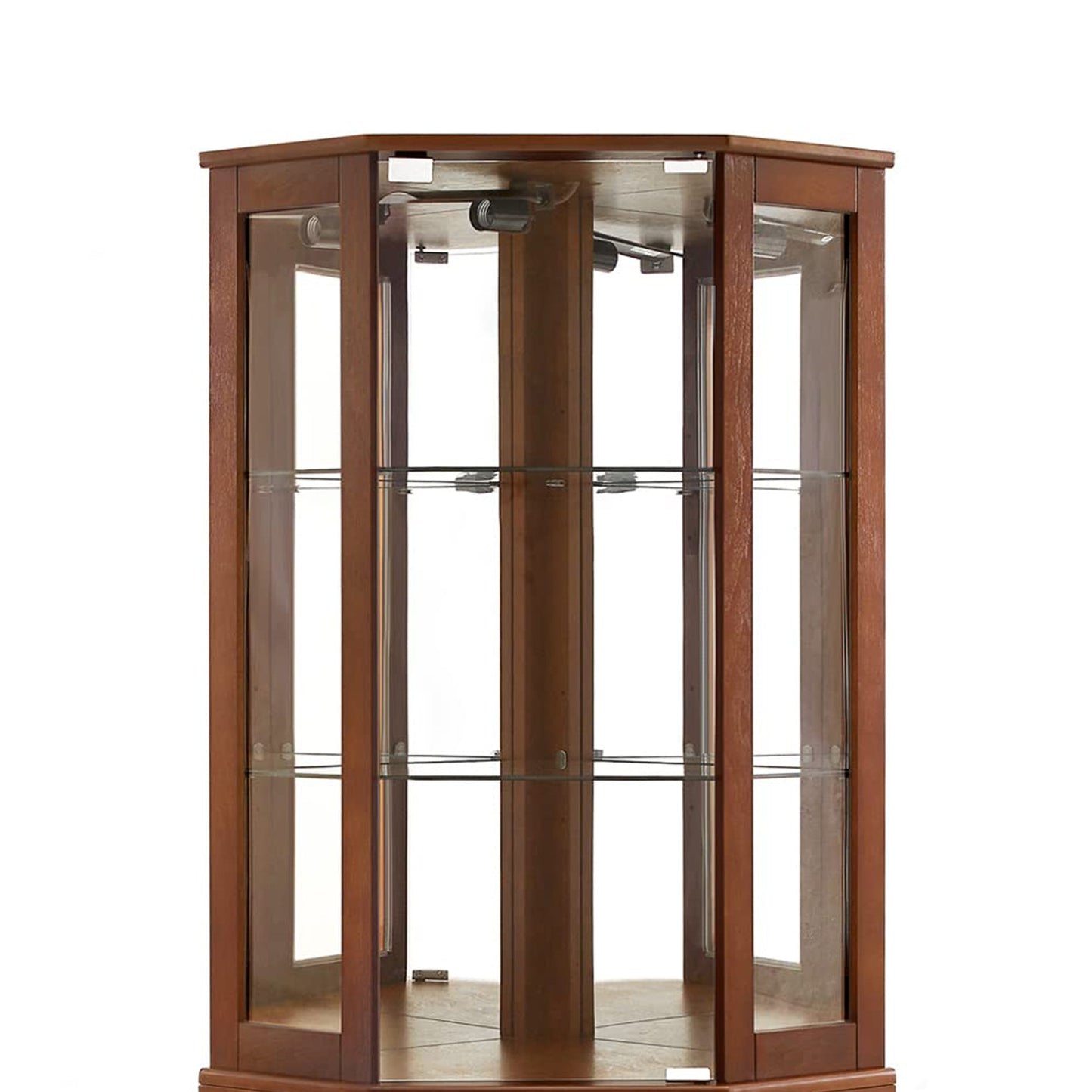 6 shelves corner Curio display cabinet with light mirror and adjustable shelves, walnut wood (excluding E26 light bulbs) - Korvel