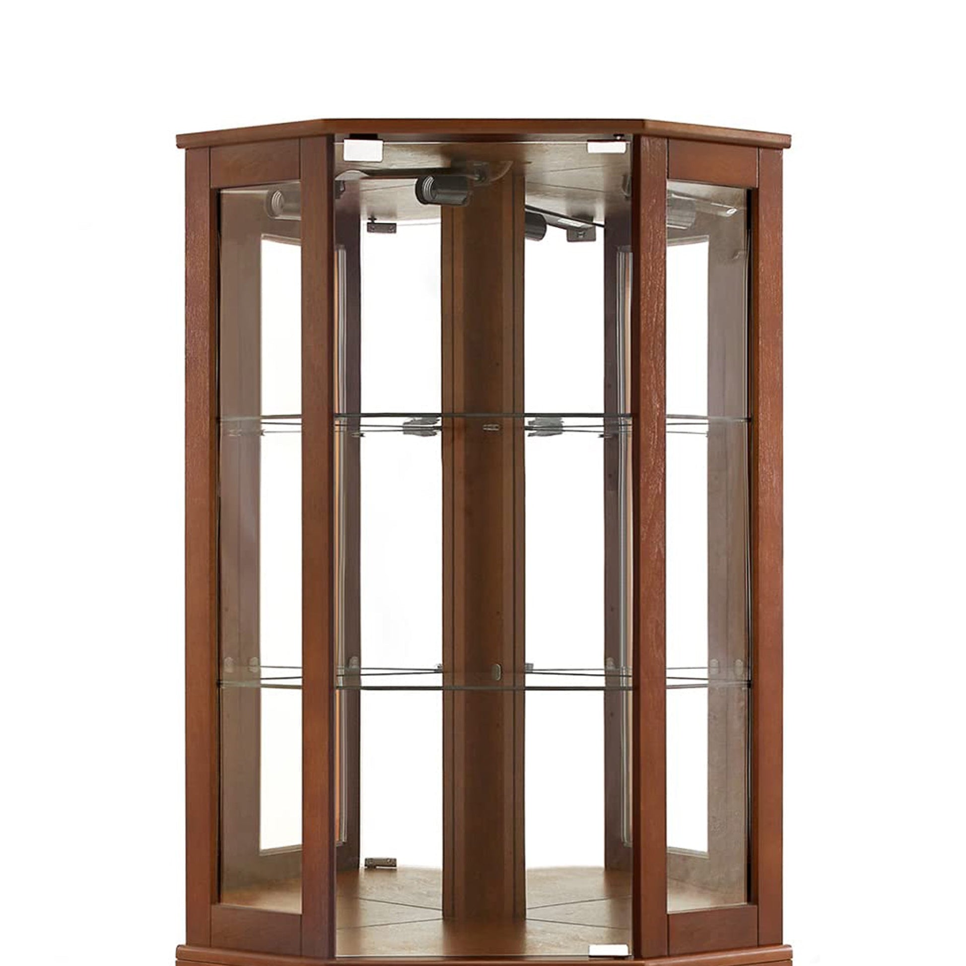 6 shelves corner Curio display cabinet with light mirror and adjustable shelves, walnut wood (excluding E26 light bulbs) - Korvel