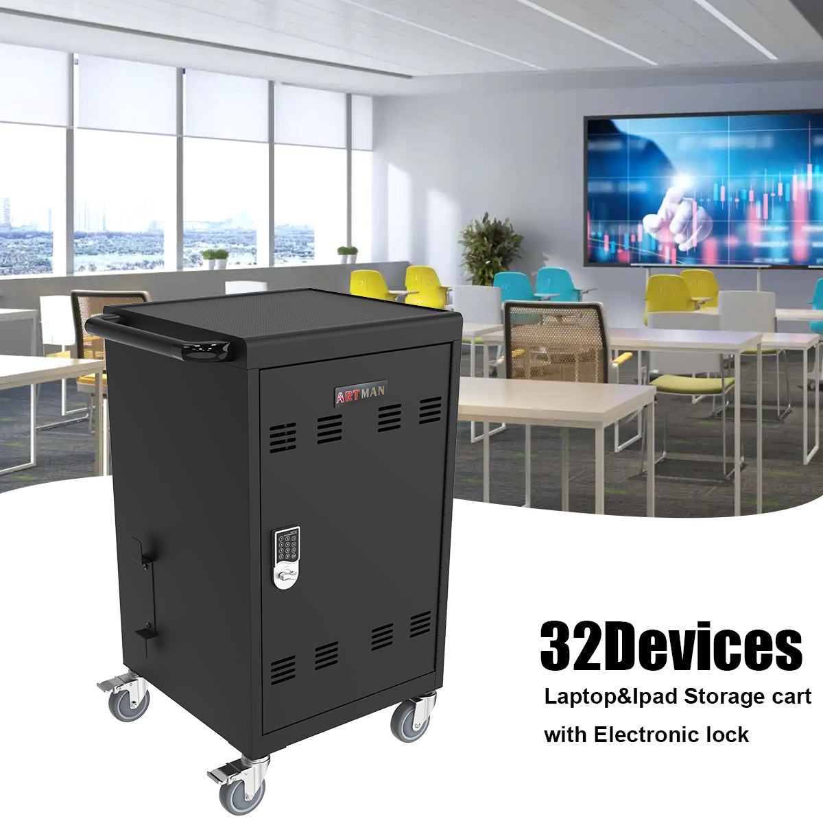 Mobile Charging Cart and Cabinet for Tablets Laptops 30-Device With Combination Lock--Black - Korvel