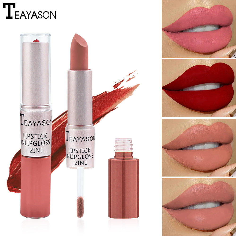 Double-Headed Non-Stick Cup Matte Matte Lip Gloss Two-In-One Matte Bean Paste Does Not Fade With Cup Lipstick Female - Korvel