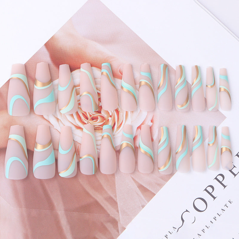 Gold Line Wave Pattern Long Ballet Nail Printed Gold Frosted Manicure Ins Matte Pop Style Contrast Color Wearing Nail - Korvel