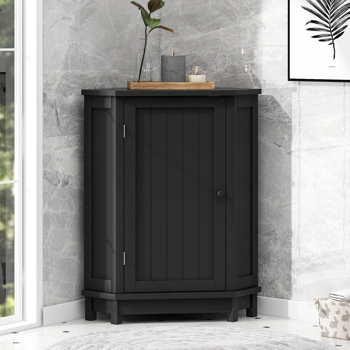 Black Bathroom Cabinet Triangle Corner Storage Cabinet with Adjustable Shelf Modern Style MDF Board - Korvel