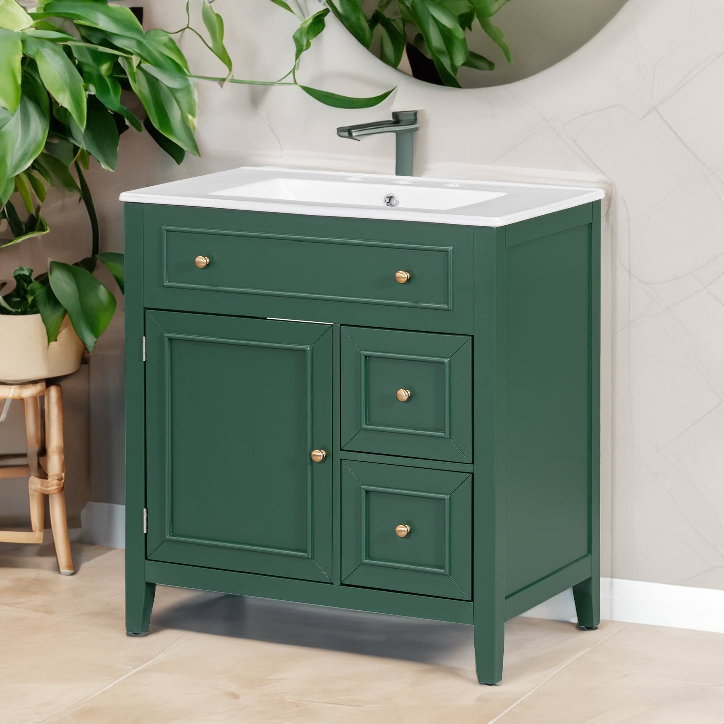 Vanidad de baño verde de 30" con lavabo y almacenamiento