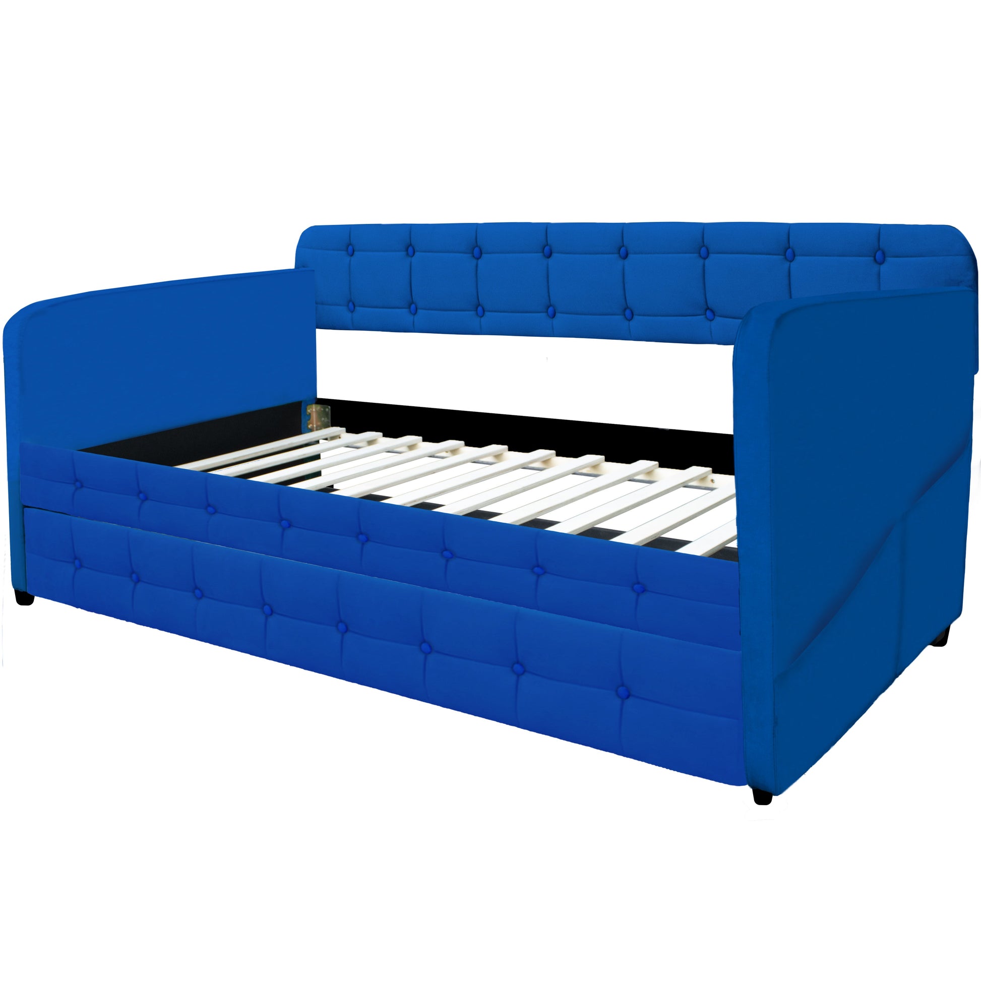 Blue padded twin beds with wheels, velvet fabric, no need for springs - Korvel