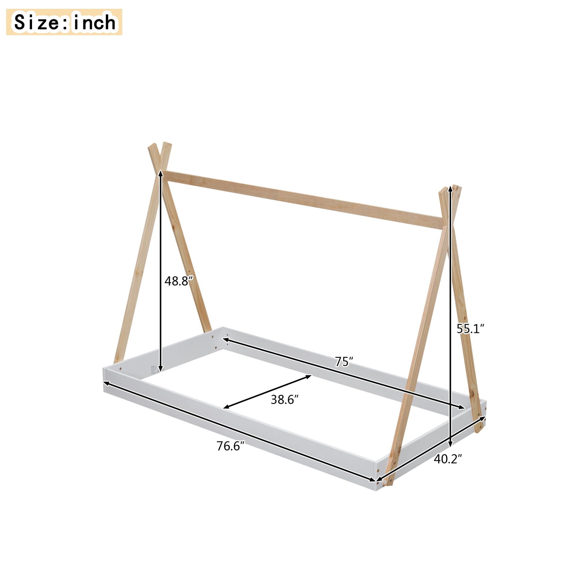 Twin Size Tent Floor Bed with Triangle Structure  White+Natural - Korvel