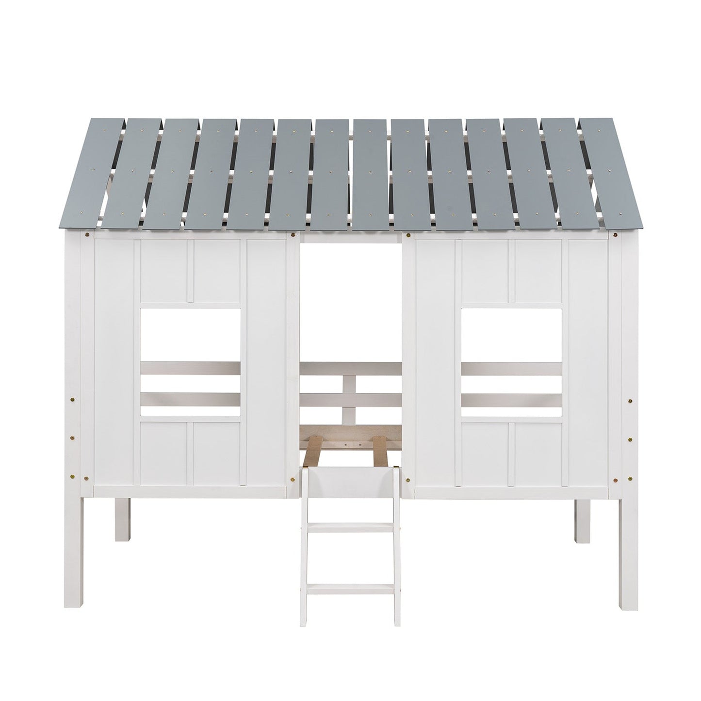 Twin Size Low Loft House Bed with Roof and Two Front Windows White - Korvel