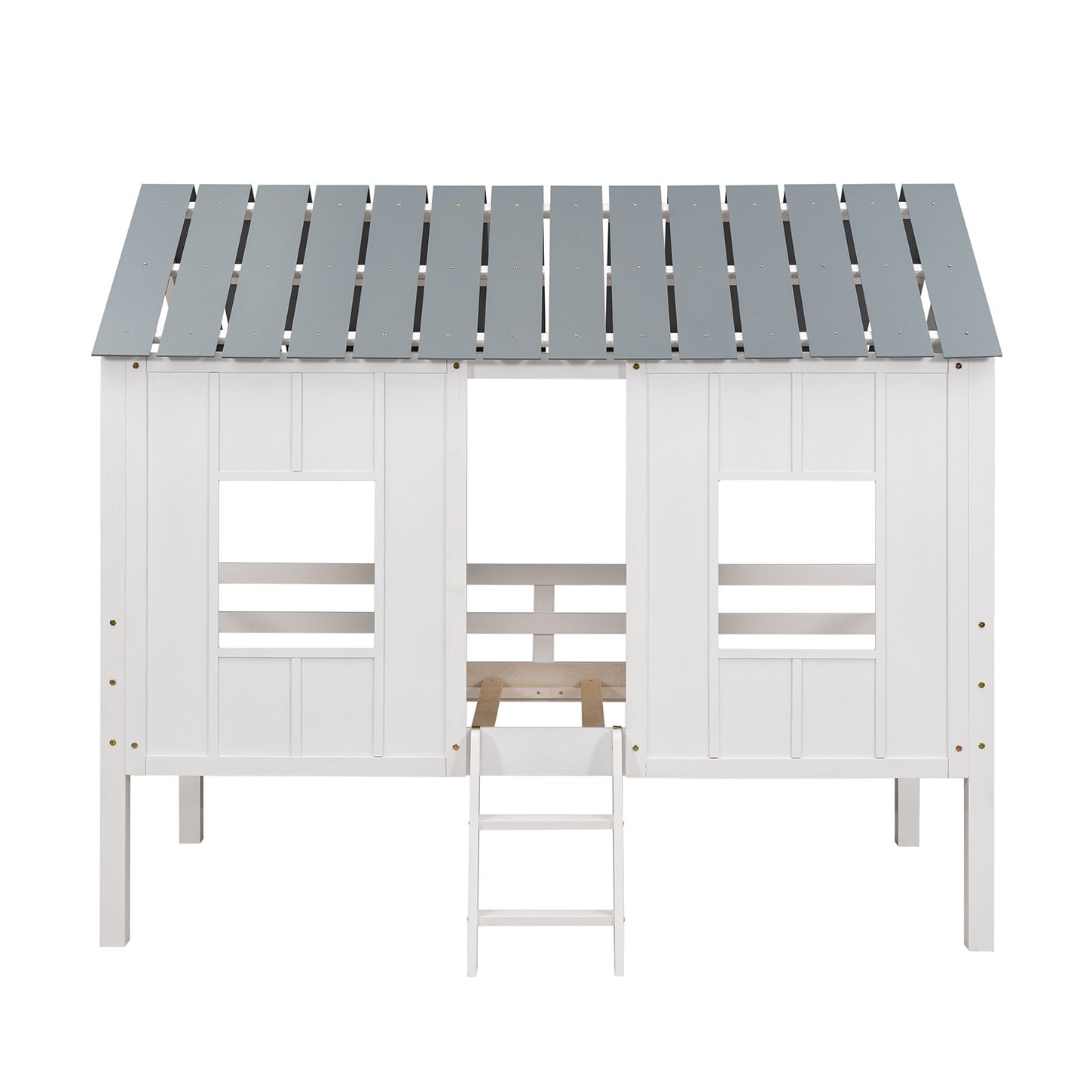 Twin Size Low Loft House Bed with Roof and Two Front Windows White - Korvel