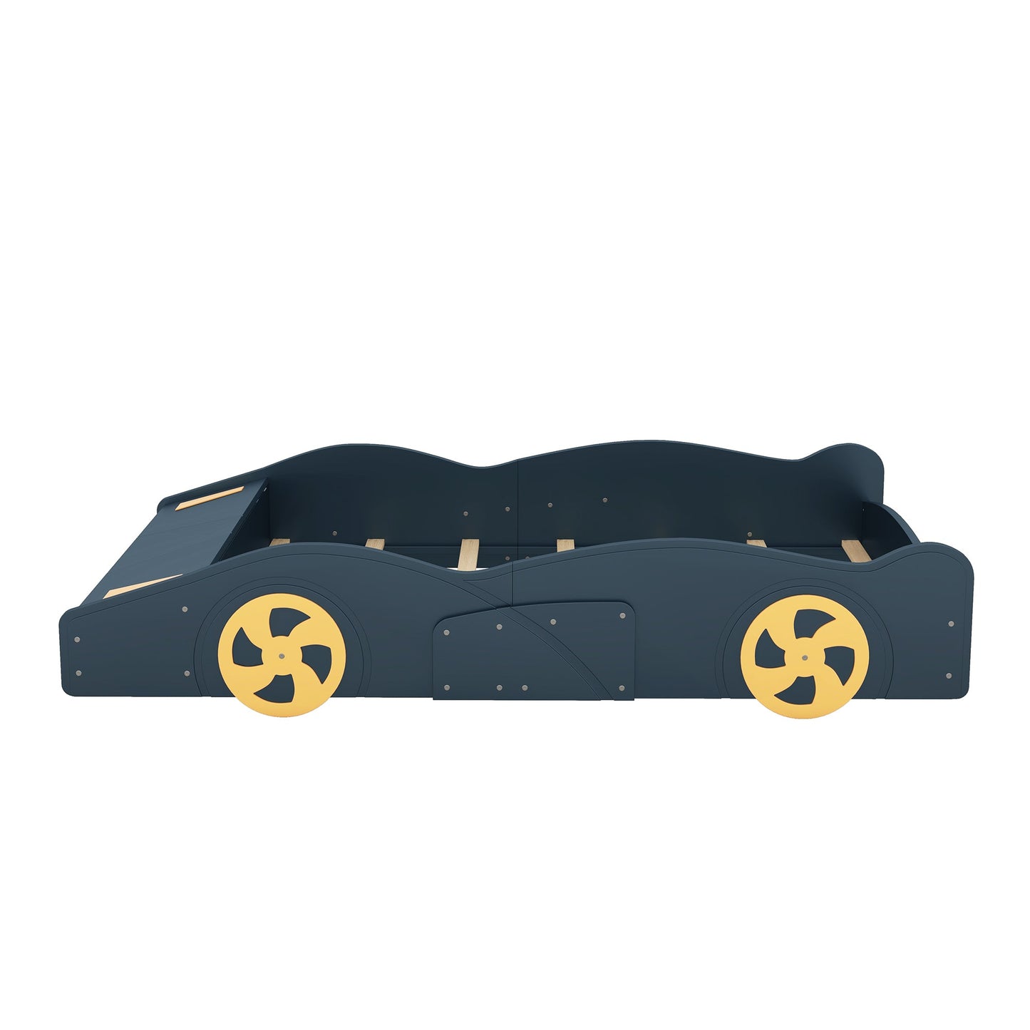 Full Size Race Car-Shaped Platform Bed with Wheels and Storage, Dark Blue+Yellow - Korvel