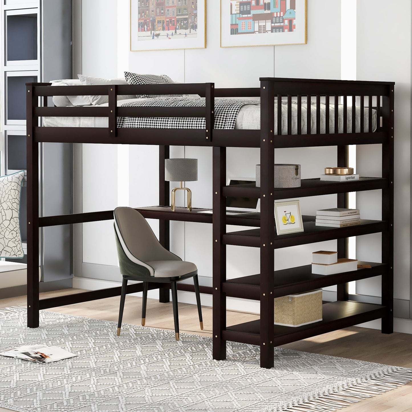 Full Size Loft Bed with Storage Shelves and Under-bed Desk  Espresso - Korvel
