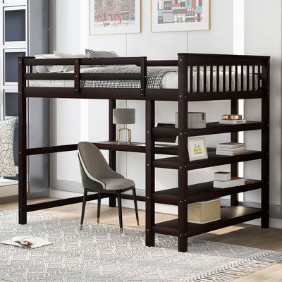 Full Size Loft Bed with Storage Shelves and Under-bed Desk  Espresso - Korvel