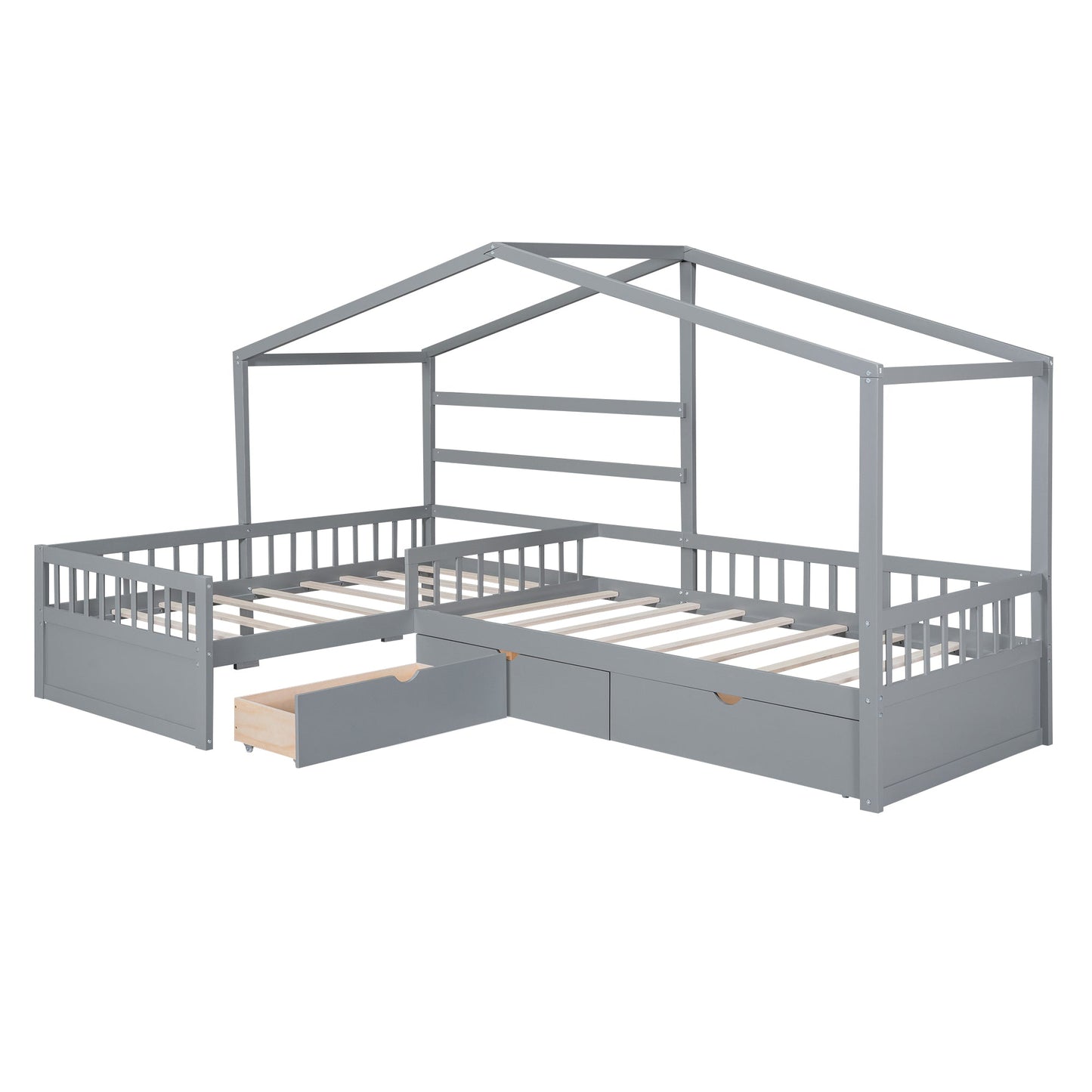 Twin Size House Platform Bed with Three Storage Drawers Gray - Korvel