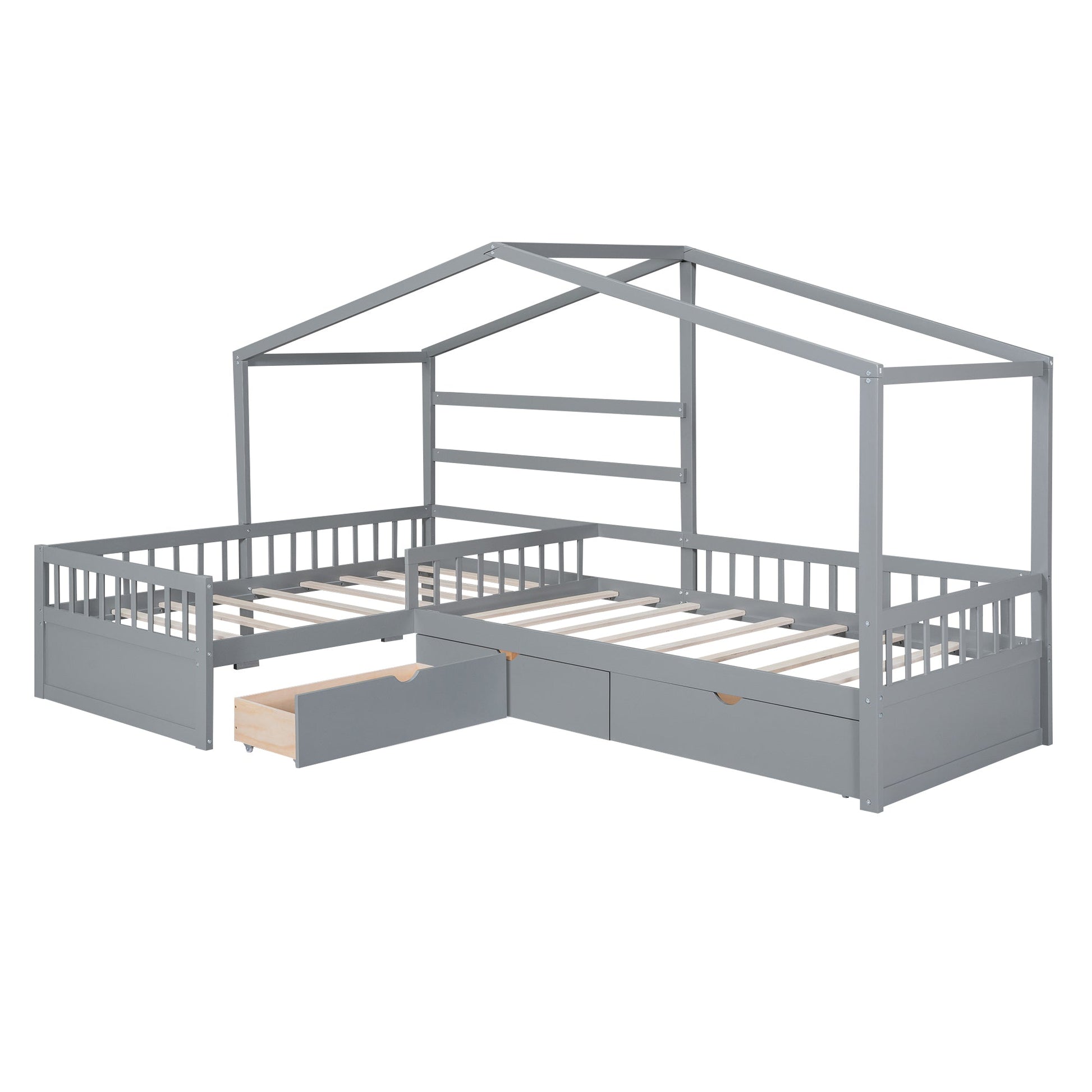 Twin Size House Platform Bed with Three Storage Drawers Gray - Korvel