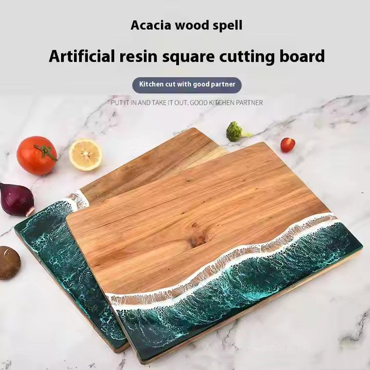 Acacia Wood and New Resin Cutting Board Wave Spliced Design Kitchen Fruit and Steak Board for Chopping Rectangle Wooden Boards - Korvel