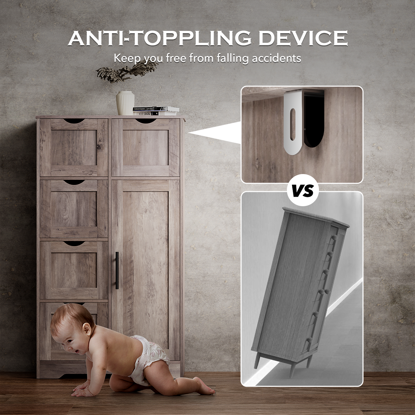Armario de Almacenamiento de Baño Gris Elegante con 5 Cajones