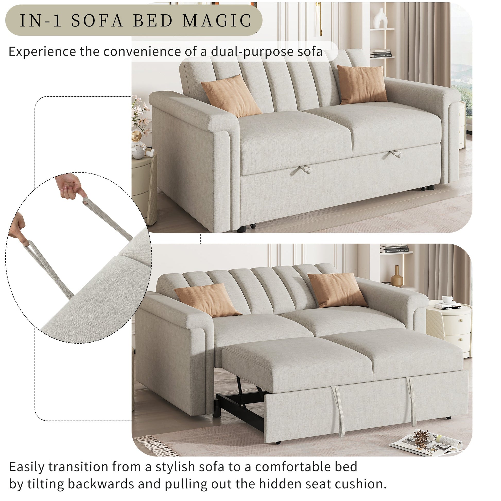 U_STYLE Convertible Soft Cushion Sofa Pull Bed ,for Two People to Sit On - Korvel