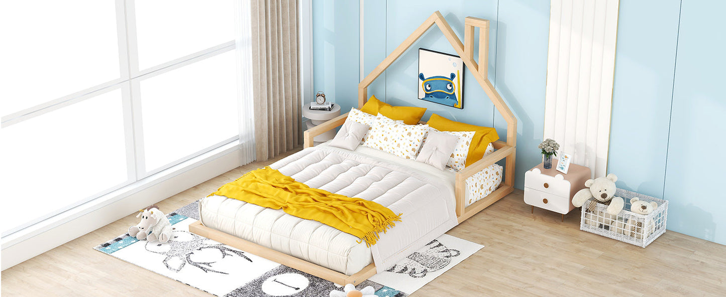 Full Size Wood Floor Bed with House-shaped Headboard  Natural - Korvel