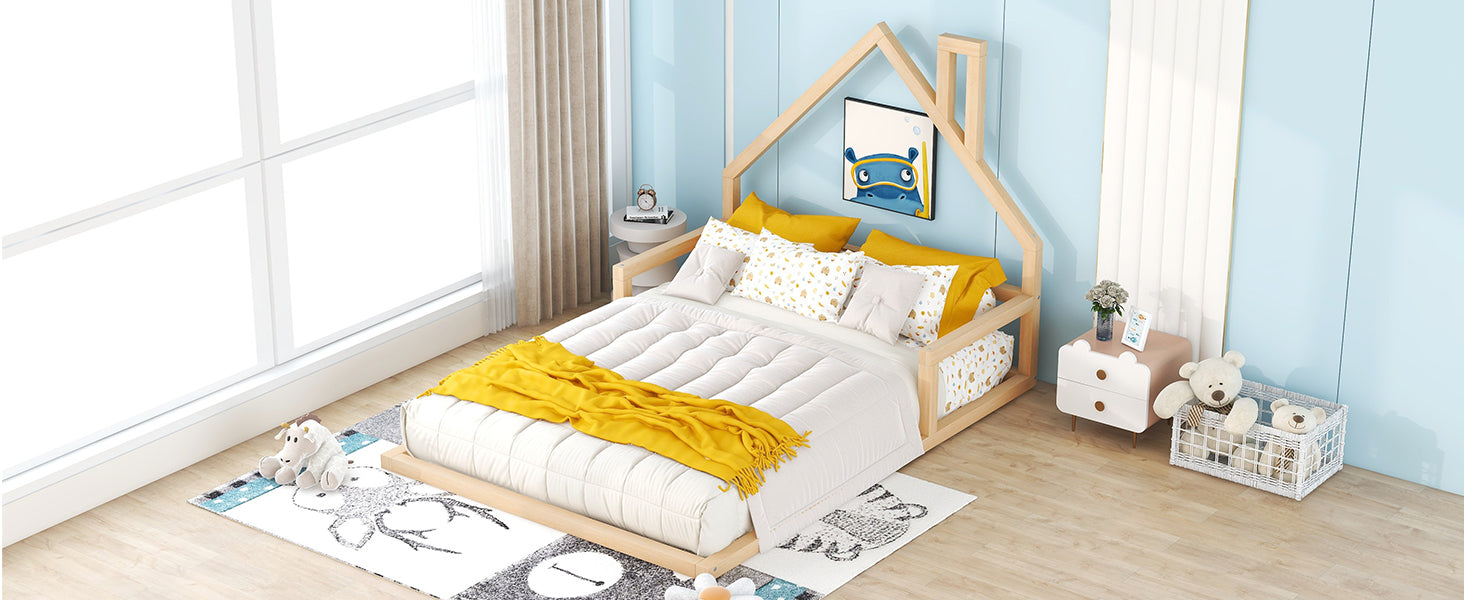 Full Size Wood Floor Bed with House-shaped Headboard  Natural - Korvel