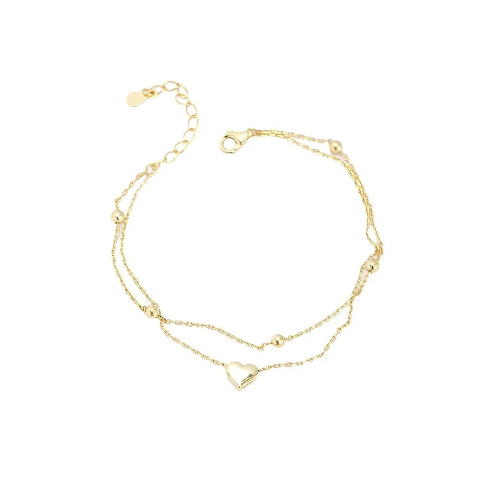 925 Sterling Silver Double Layer Heart-shaped Bracelet  for Women Girl Korean Style Small Fresh Summer Bracelet - Korvel