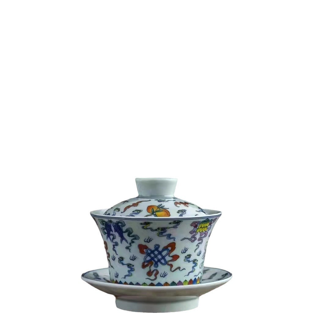 Ceramic set, three talents, covered bowl, old clay, retro kung fu tea set, tea bowl, underglaze tiger cup, Jingdezhen - Korvel